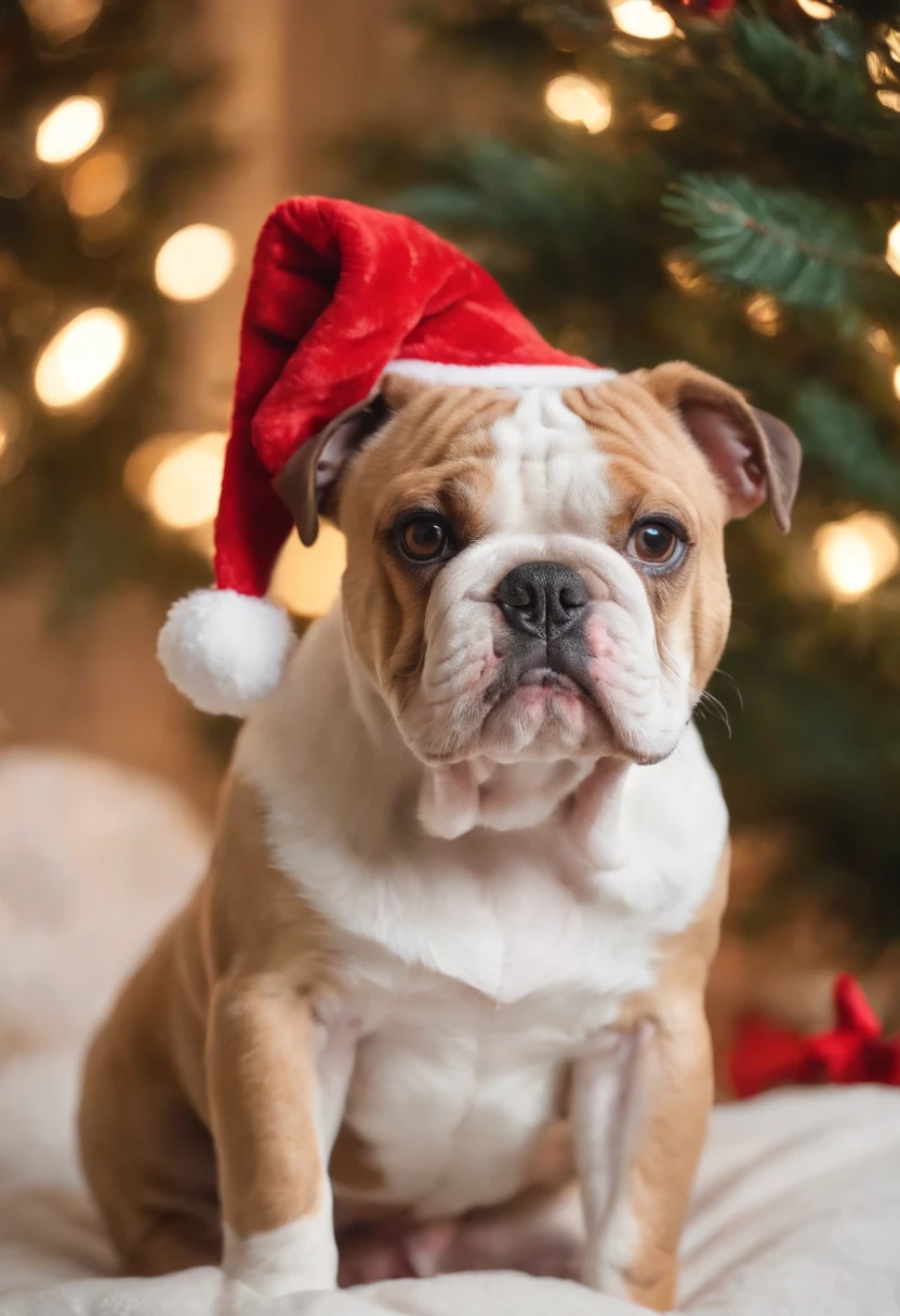 bulldog, dressed in santa claus hats and red bow for tie,lighted christmas tree in background, Fresh and lovely,a warm color palette,Warm scene,smiling girl,Friendly,Natural light,soft shade