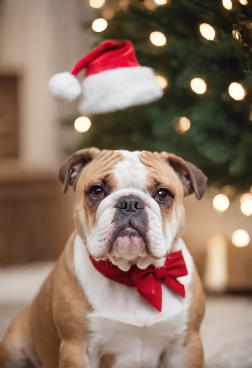 bulldog, dressed in santa claus hats and red bow for tie,lighted christmas tree in background, Fresh and lovely,a warm color palette,Warm scene,smiling girl,Friendly,Natural light,soft shade