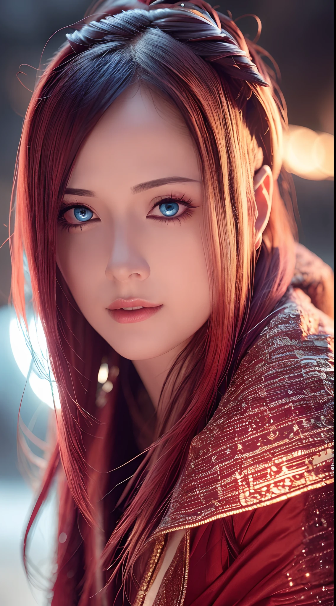 Best quality, 4K, high resolution, Masterpiece:1.2, super ultra detail, (Realistic, Photorealistic, photo-realistic:1.37), vibrant, Red and blue heterochromic eyes,Strong gaze,Mesmerizing eye contact,Fire-red iris,Dark blue shining stars,Shining pupils,Vivid colors,Portrait,Fantasy art,Magical red light,Ethereal beauty,Red color palette,Long yellow hair,Cloak like red