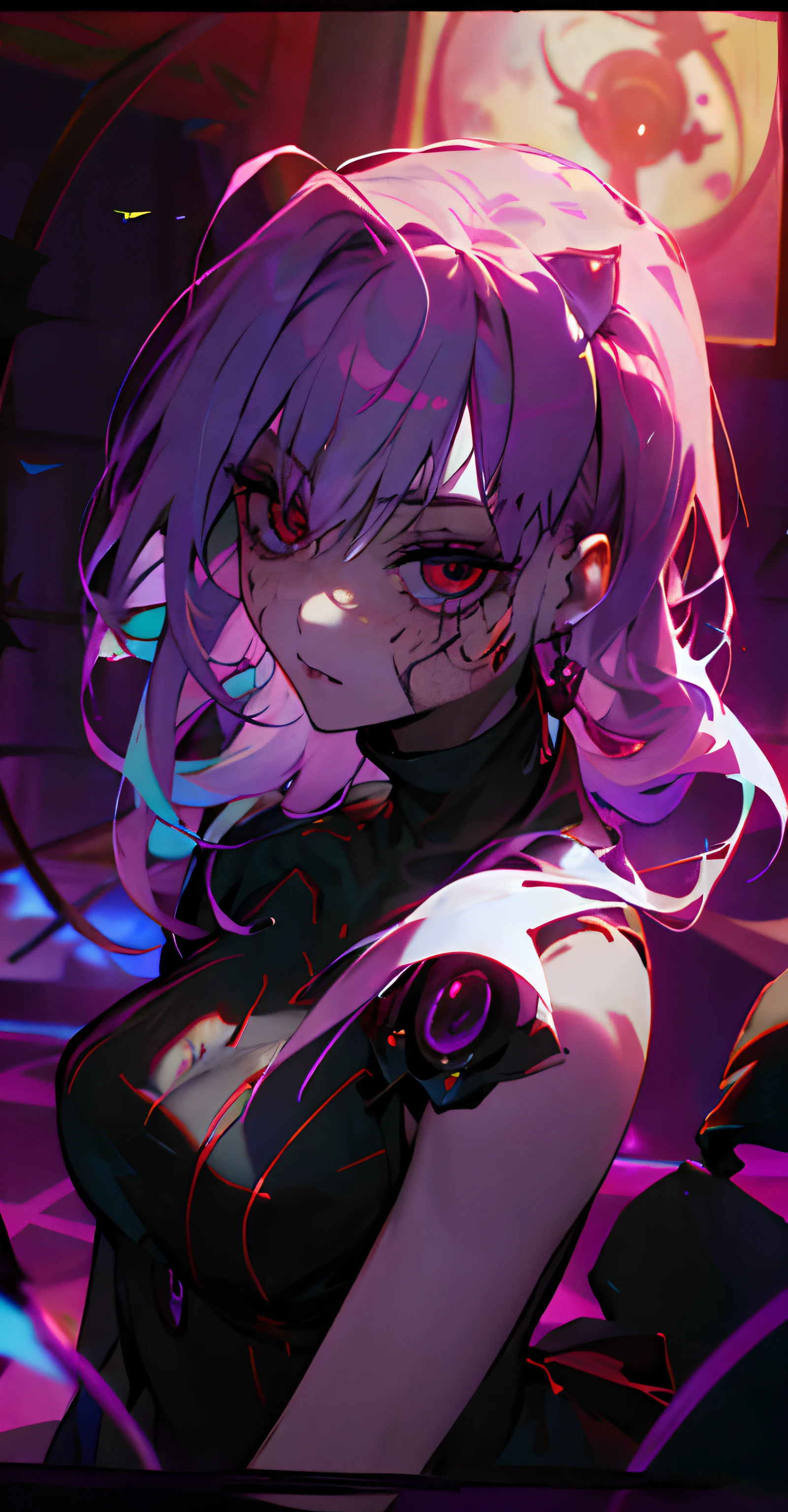 Chica de anime mirando hacie la oscuridad con cuernos y una corona en la cabeza, Gapmoe Yandere Grimdark, con ojos rojos brillantes, Chica de anime demonio, Chica de anime Gothic Maiden, con ojos rojos brillantes, Retrato Gapmoe Yandere Grimdark, Chica monstruo de anime, Mejor fondo de pantalla de Anime 4K Konachan, Derretido, chica vampiro, Arte Zerochan, El vampiro,(((lente macro))),4k, ultra calidad,