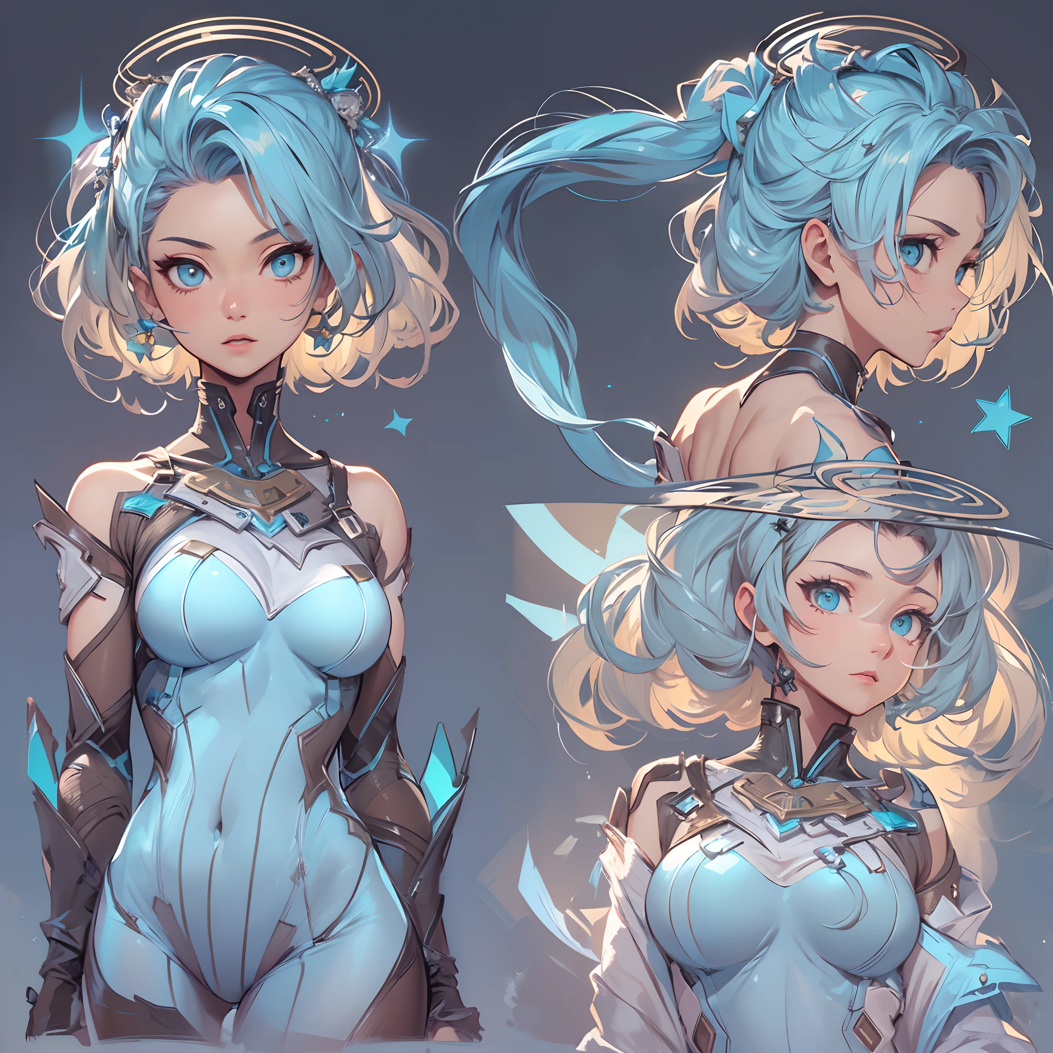 ((Masterpiece, Highest quality)), Detailed face, CharacterDesignSheet,full bodyesbian, perfectly proportions,Full of details, Multiple poses and expressions, Highly detailed, Martial arts girl,Seductive,Gradient hair color,Detailed eyes, ssee-through,Cyan blue,lacepantyhose,Clouds,High Balance, Overhead halo,Natural light,Star decoration