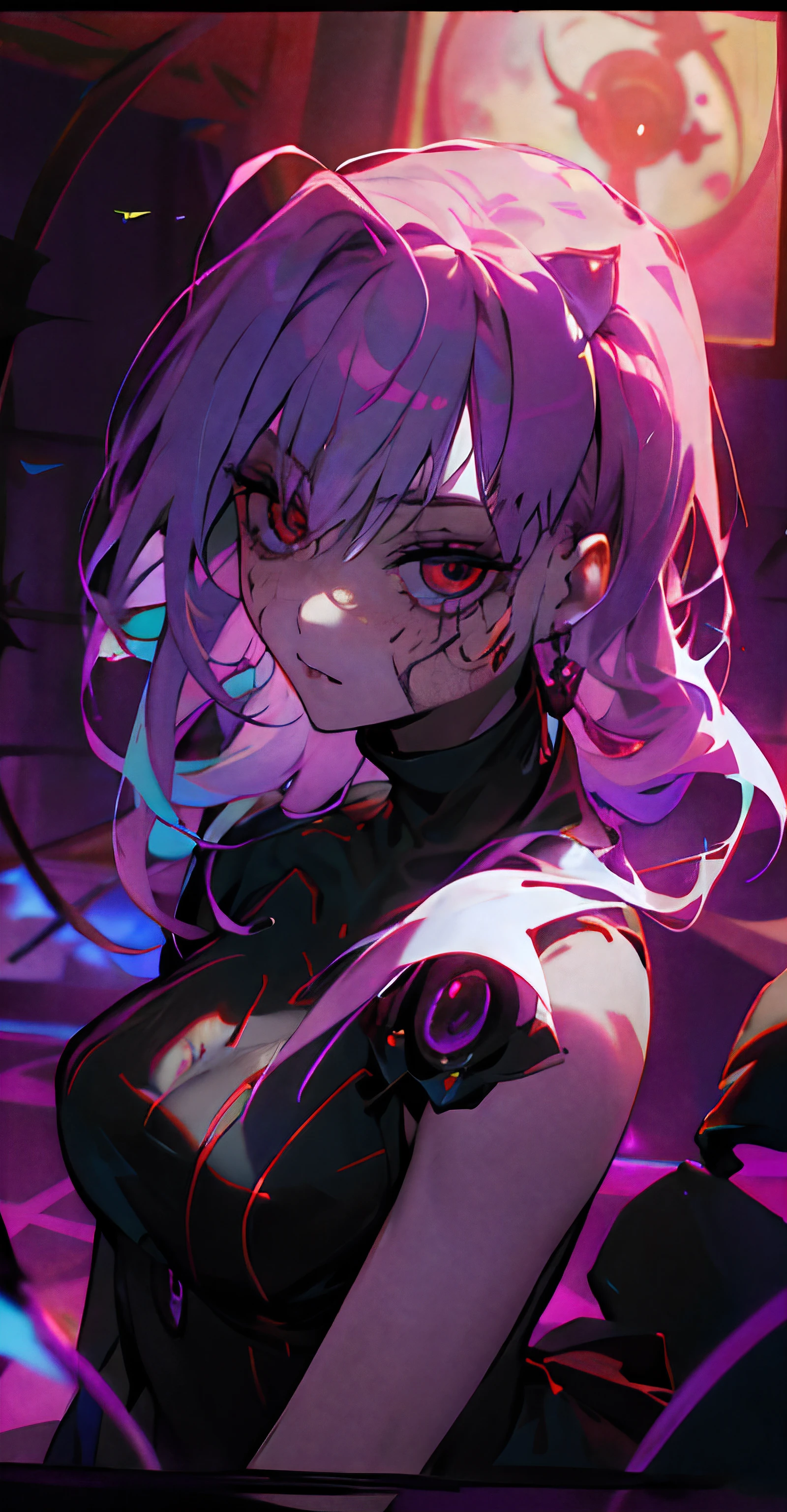 Chica de anime mirando hacie la oscuridad con cuernos y una corona en la cabeza, Gapmoe Yandere Grimdark, con ojos rojos brillantes, Chica de anime demonio, Chica de anime Gothic Maiden, con ojos rojos brillantes, Retrato Gapmoe Yandere Grimdark, Chica monstruo de anime, Mejor fondo de pantalla de Anime 4K Konachan, Derretido, chica vampiro, Arte Zerochan, El vampiro,(((lente macro))),4k, ultra calidad,