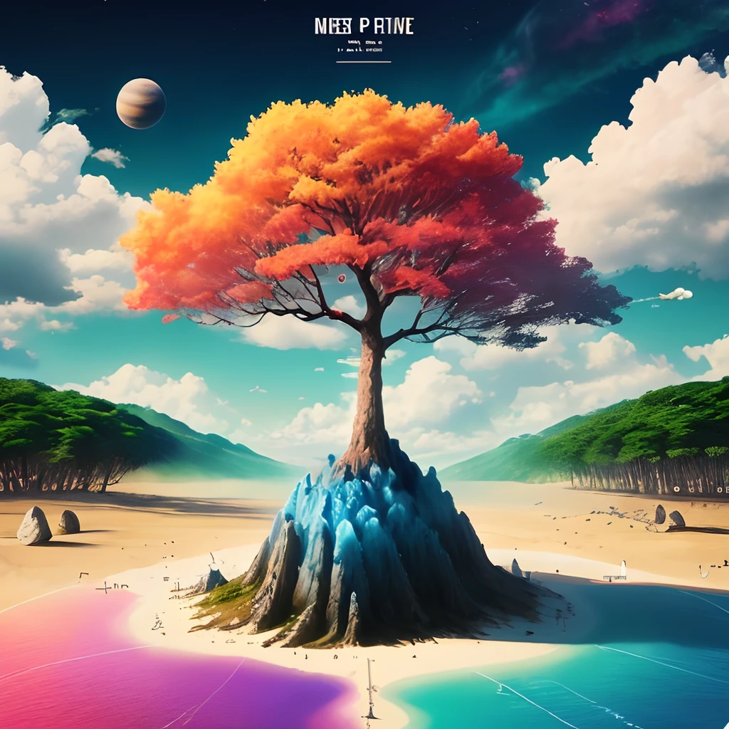 Create a planet scene as a poster, pumice, waters, Colorful forest, Colorful plants, Birds, giant tree, Blue skies, clouds, vivd colour, Vivid colors, Spiritual world, rejoice, fanciful, The poster has the word Lin on it
