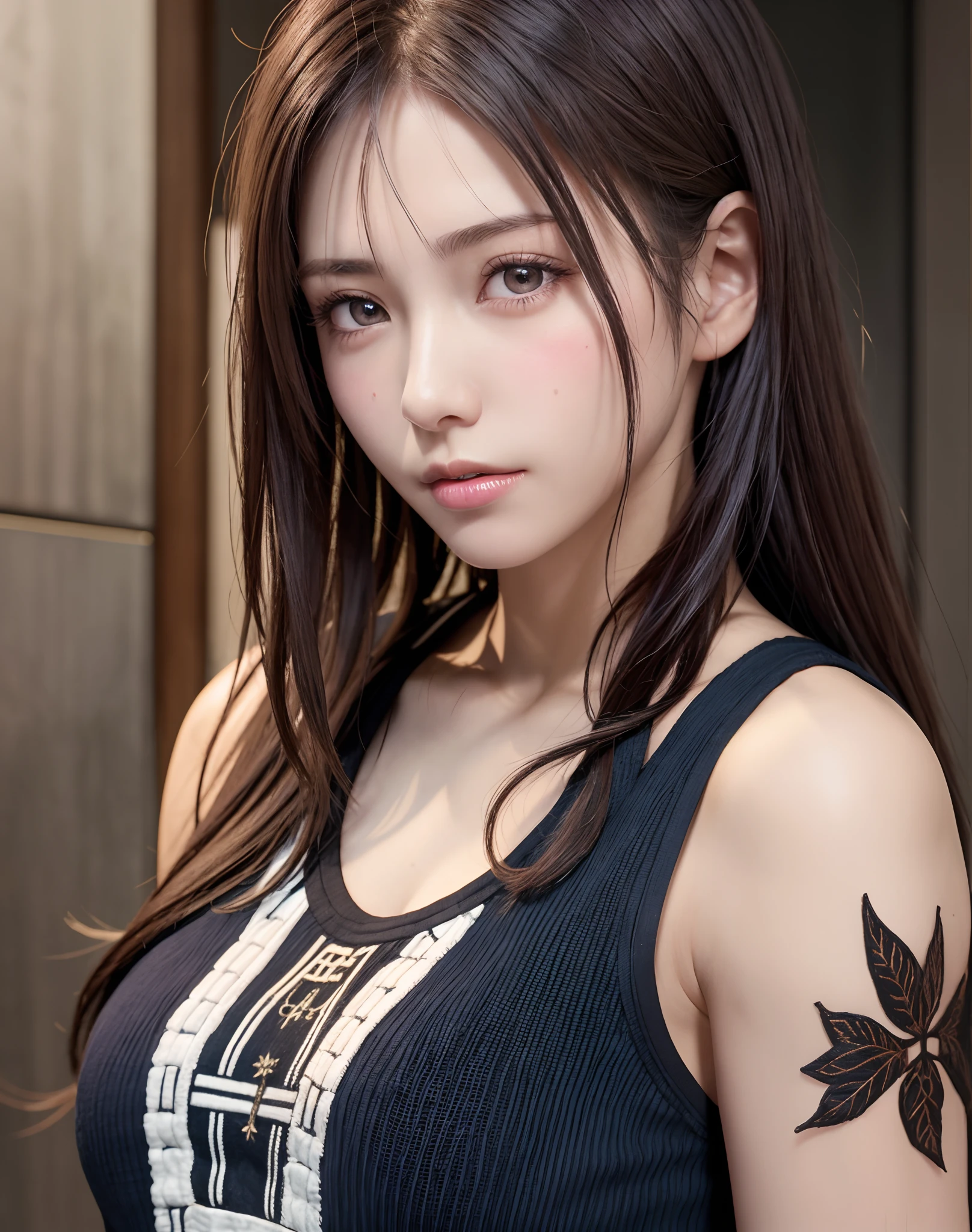 Tattoo Girl, so beautiful, Murderous, Handsome, betrayal, anger, Dark Background, 8k, Dynamic Wallpapers, Very delicate, Very dark white tank top、