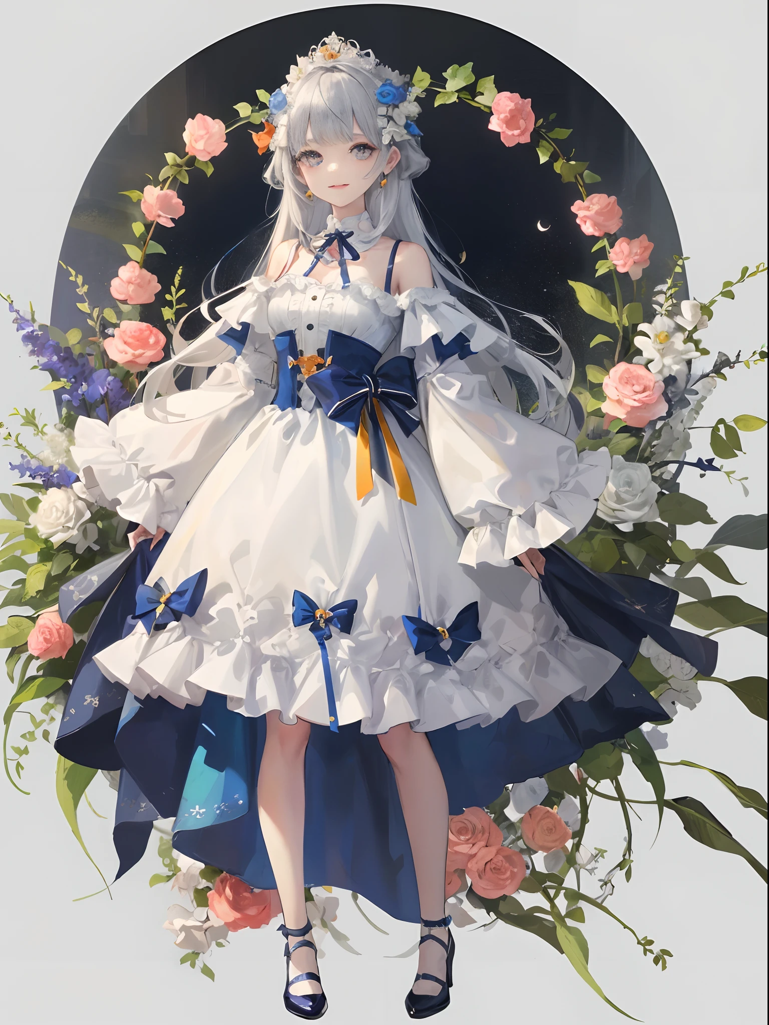 (tmasterpiece、top-quality、illustratio、Extremely high quality、high-level image quality、Extremely sensitive writing)Girl with long silver hair standing in beautiful flowery garden、A slight smile、beast ear,standing on your feet,,She has a large bouquet、Lovely dress,There are ruffles on the shoulders、Trimmed skirt,Pattern,Translucent frontal photo,shoe, Close-up of princess shoes,leges, long skirt
