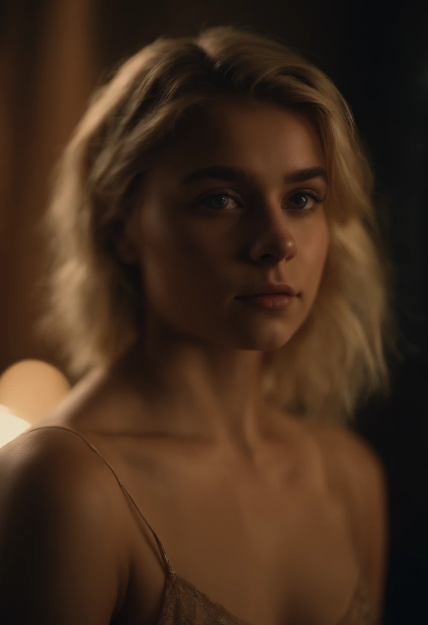 Portrait of 18-year-old blonde girl, perlo largo, brown eyes, enojada, agresiva, pandillera, complete naked