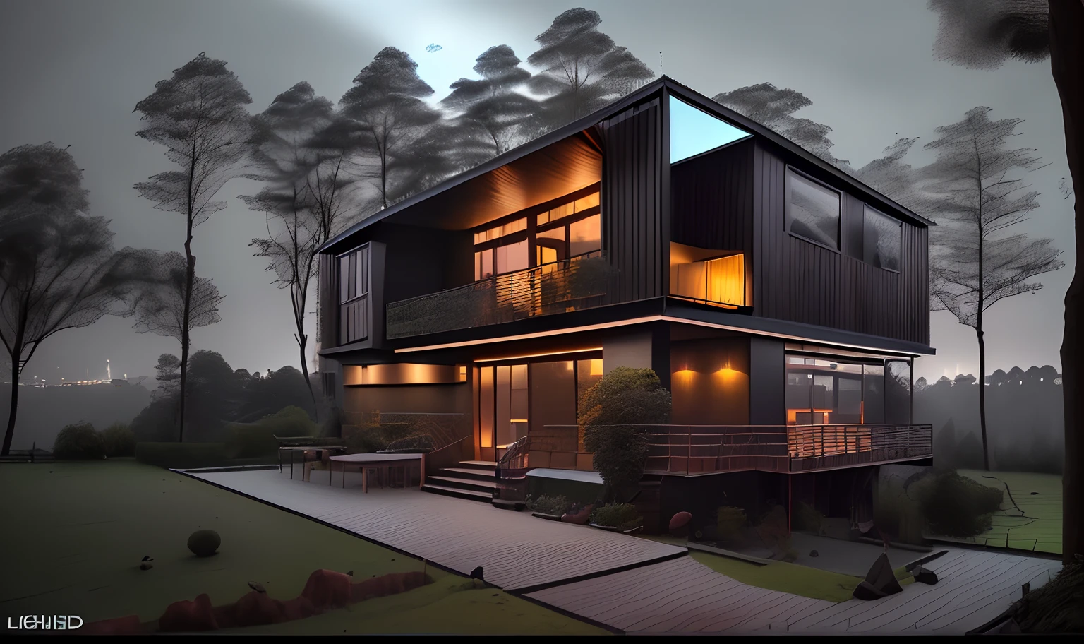 Bauhaus style house, glass house with a sloping roof, modern, dynamic (RAW photo, real, best quality, masterpiece:1.2), (hyper realistic, photo-realistic:1.2), high quality, (dark lighting:1.2), perfect lighting, archdaily