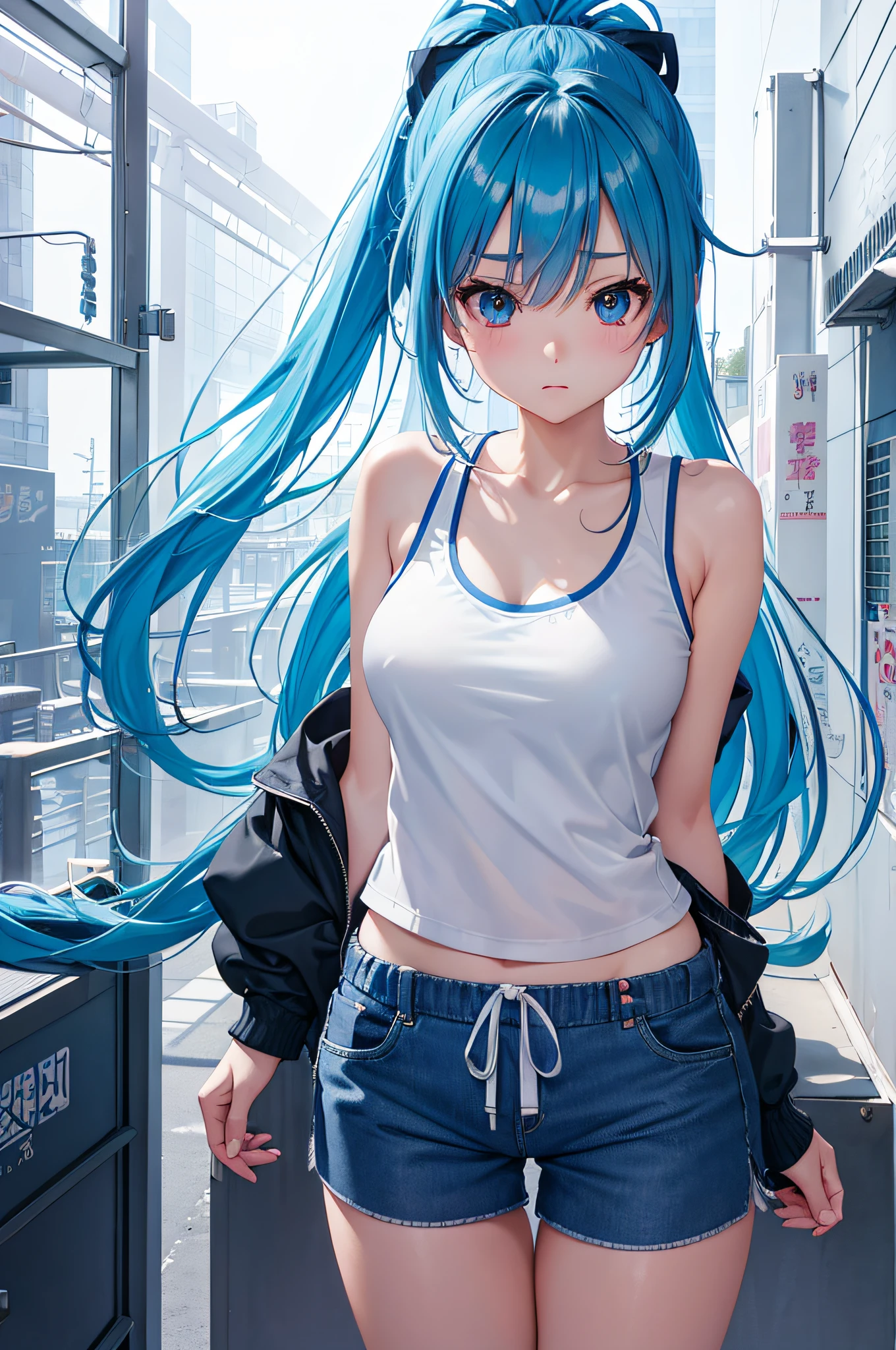 cute anime girl, long blue pony tail, white tank top, japanese blue school gym shorts, kawaii, professional digital art, digital illustration, vivid, vibrant, crystal-clear, intricately design, (8k,UHD), ultra quality, enhanced, smooth focused, inspired by yoshitaka amano, hayao miyazaki, unreal engine 5