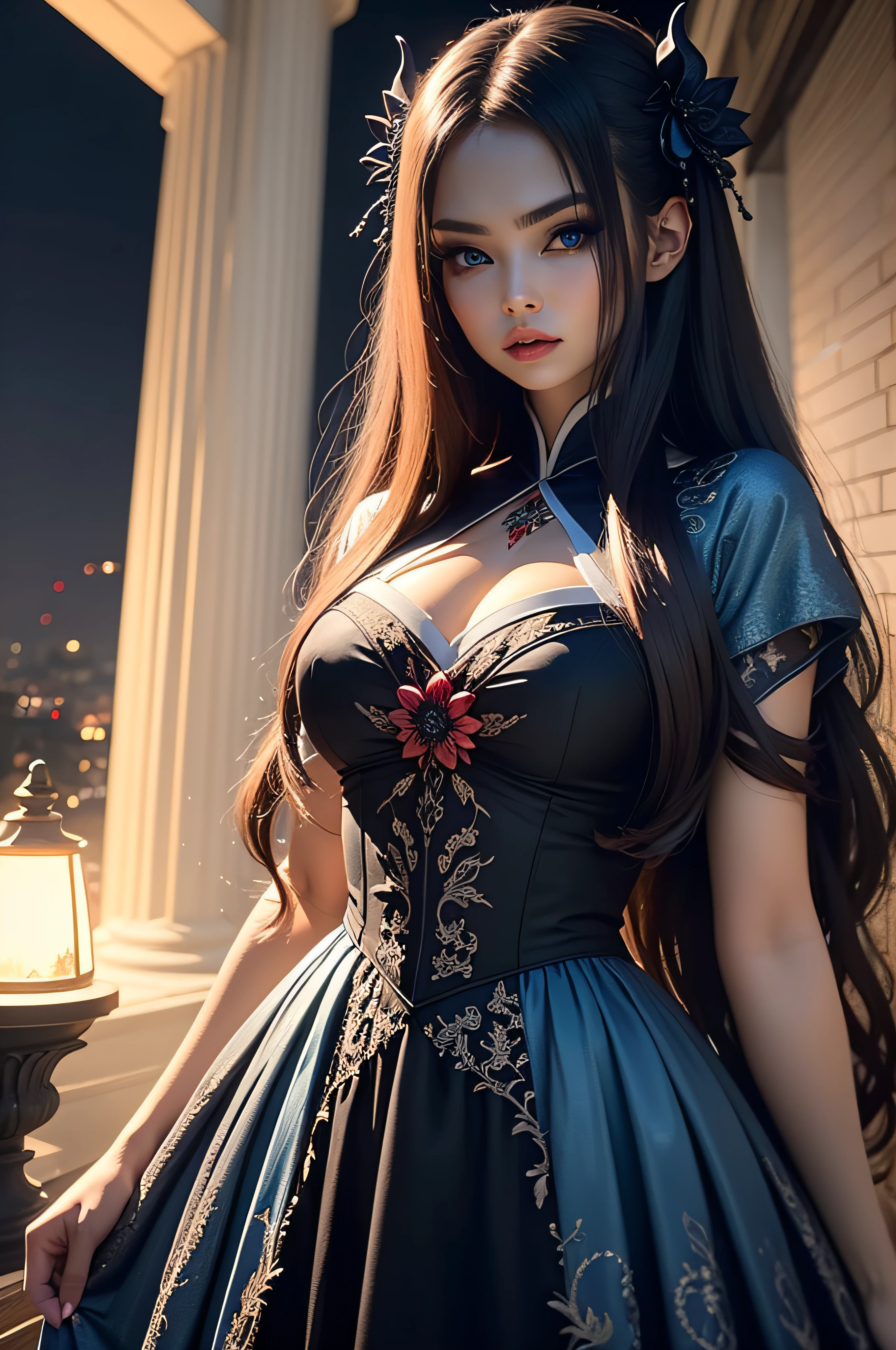 Insanely detailed photograph of a gorgeous demonic girl, evil goddes , long hair, intricate blue eyes, long floating dress,hanbok dress, fantastical, ethereal, hyperdetailed, 32k resolution, dynamic lighting, hyper detailed, intricately detailed, trending on Artstation, volumetric lighting, night, moonlight, dark fantasy,