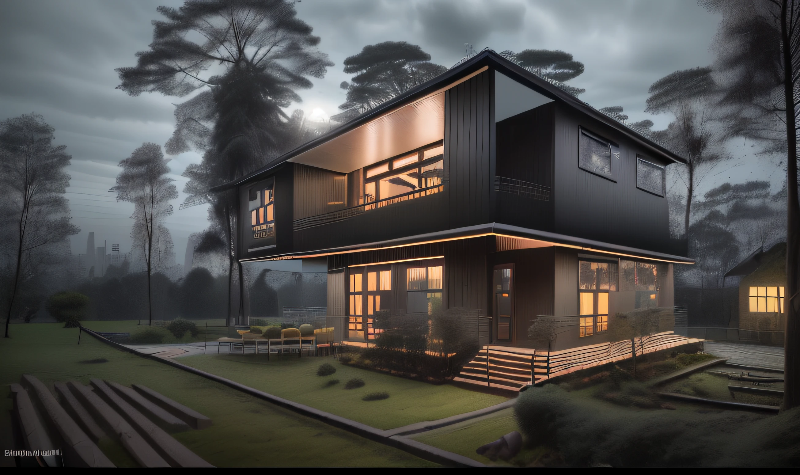 Bauhaus style house, glass house with a sloping roof, modern, dynamic (RAW photo, real, best quality, masterpiece:1.2), (hyper realistic, photo-realistic:1.2), high quality, (dark lighting:1.2), perfect lighting, archdaily