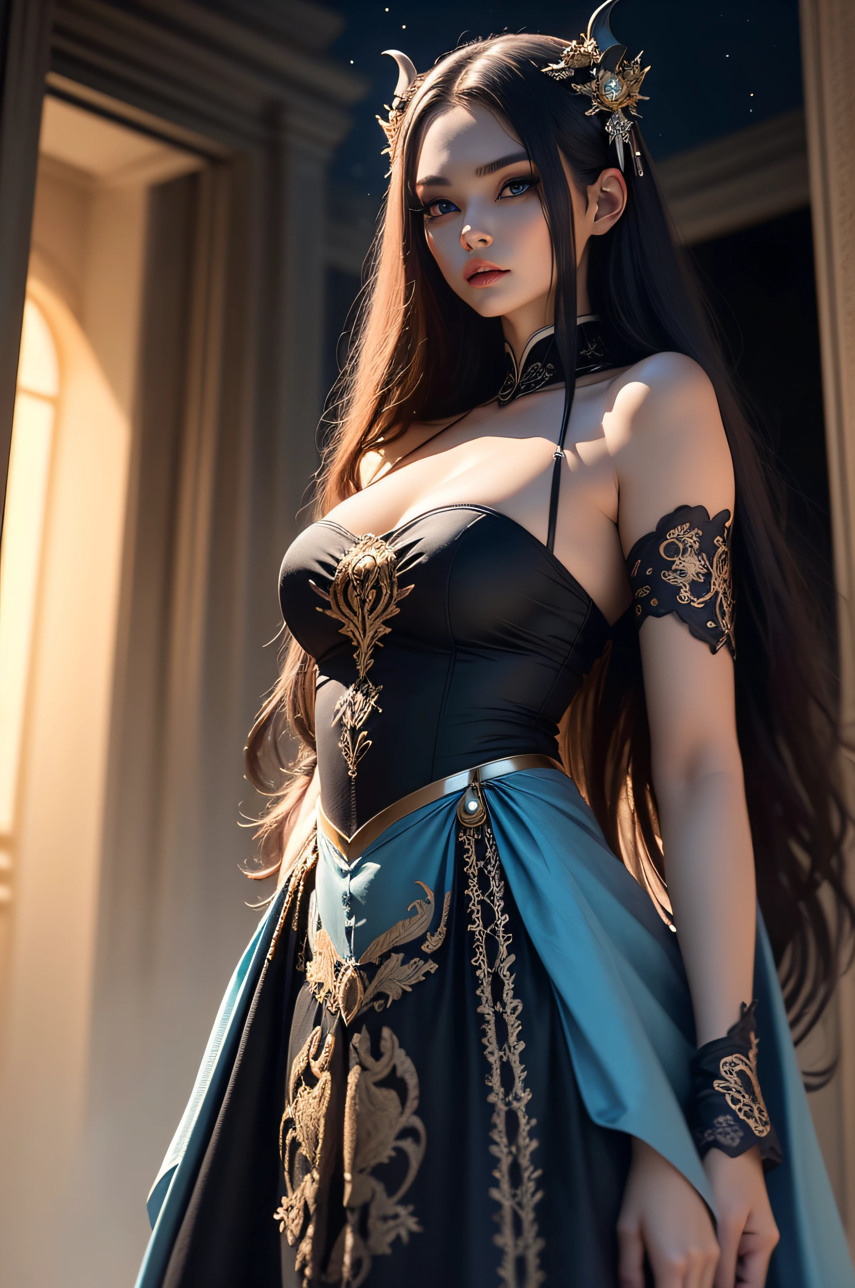 Insanely detailed photograph of a gorgeous demonic girl, evil goddes , long hair, intricate blue eyes, long floating dress,hanbok dress, fantastical, ethereal, hyperdetailed, 32k resolution, dynamic lighting, hyper detailed, intricately detailed, trending on Artstation, volumetric lighting, night, moonlight, dark fantasy,