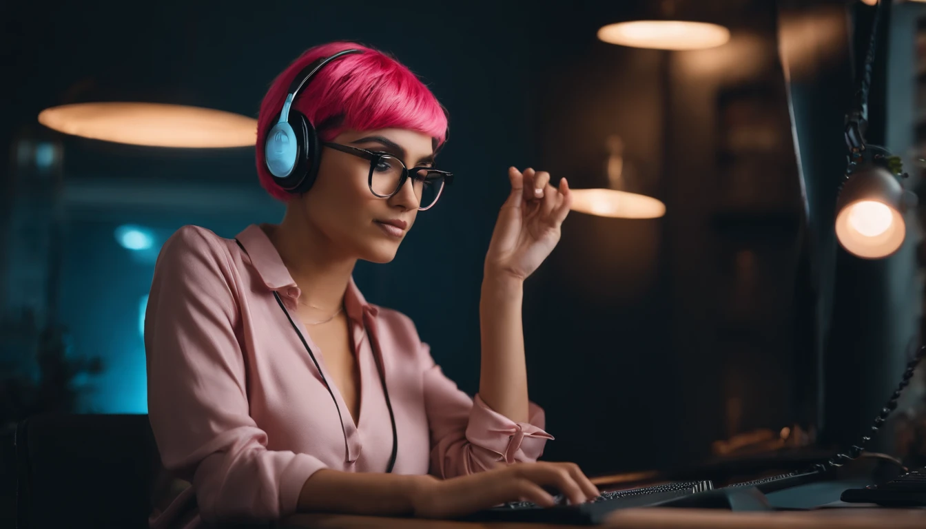 there is a woman sitting at a desk with a computer and a keyboard, cute girl with short pink hair, with pink hair, modern portrait shot 8 k, luts, portrait mia khalifa