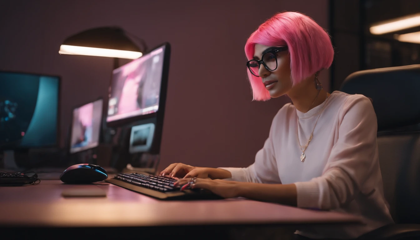 there is a woman sitting at a desk with a computer and a keyboard, cute girl with short pink hair, with pink hair, modern portrait shot 8 k, luts, portrait mia khalifa