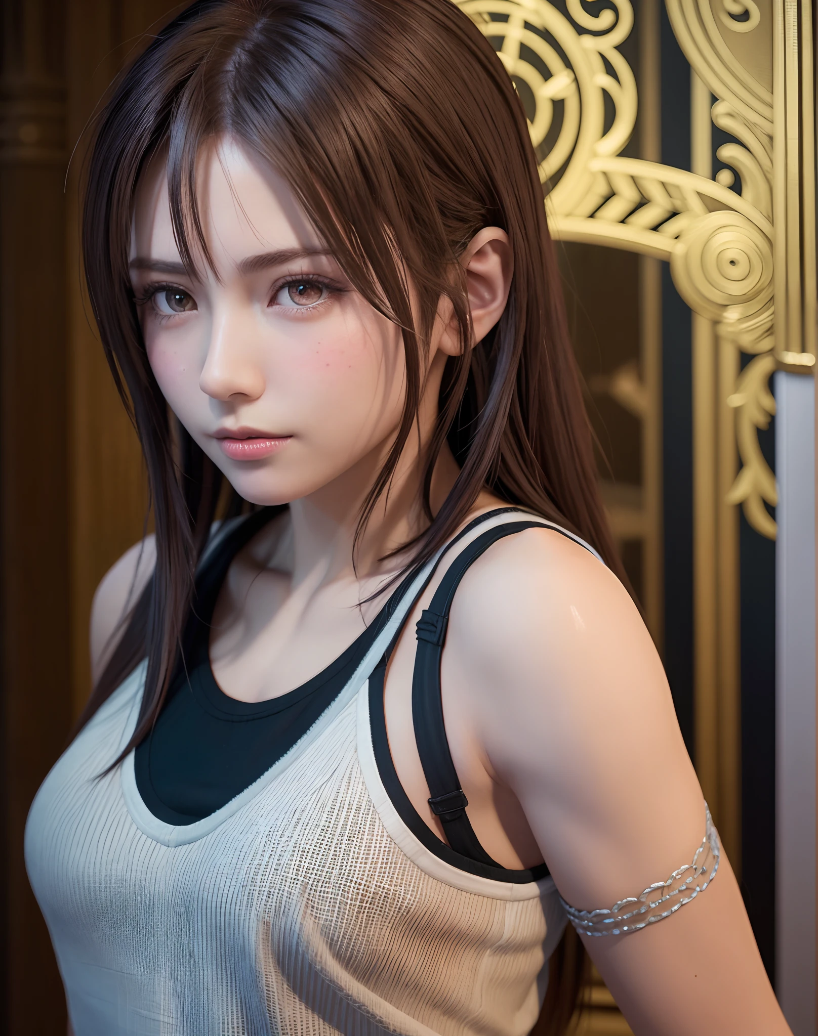 high quality picture, masutepiece, detailed hair texture, Detailed skin texture, Detailed Cloth Texture, 8K, Add fabric details, ultra detailed skin texture, ultra detailed photographic, Skin pores, Portrait of a girl, wearing tank top,