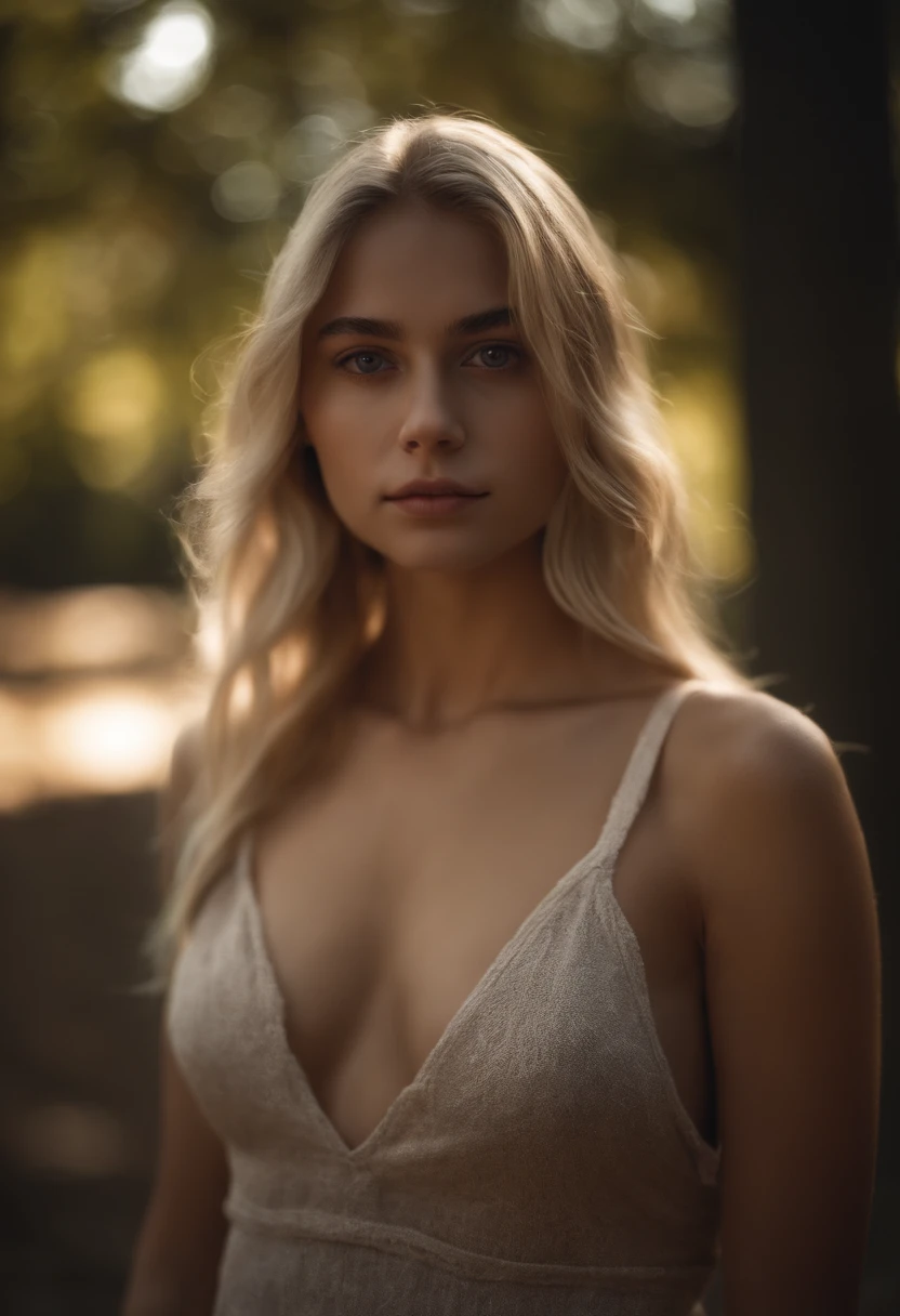 Portrait of 18-year-old blonde girl, perlo largo, brown eyes, enojada, agresiva, pandillera, complete naked, showing boobs, ultra realistic