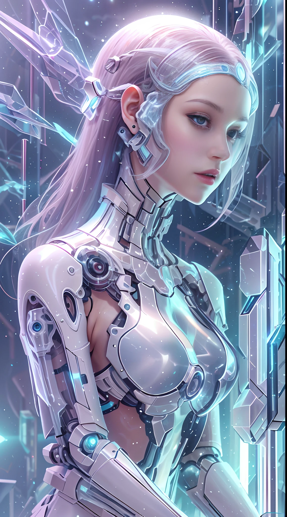 Translucent ethereal mechanical girl,Futuristic girl,Mechanical joints,futuristic urban background