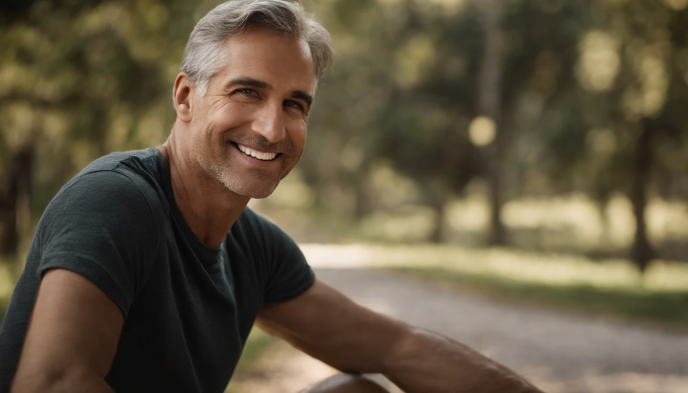 Middle-aged guy smiling and looking at the camera, retrato detalhado, Um olhar aberto, alegria, temor, dia, tons quentes, Contra o pano de fundo da cidade distante do futuro em raro, mas nuvens bonitas, scientific fiction, (8k, extra high resolution, master part, best quality:1.2)