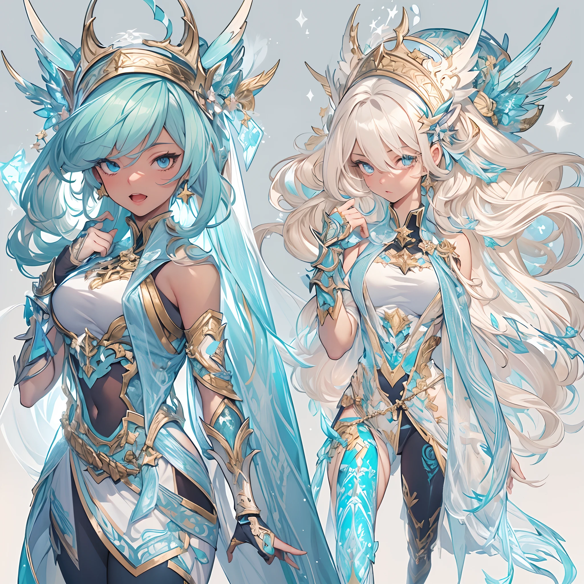 ((Masterpiece, Highest quality)), Detailed face, CharacterDesignSheet,full bodyesbian, perfectly proportions,Full of details, Multiple poses and expressions, Highly detailed, Paladin girls,Seductive,Gradient hair color,Detailed eyes, ssee-through,Cyan blue,lacepantyhose,Clouds,High Balance, Overhead halo,Natural light,Star decoration