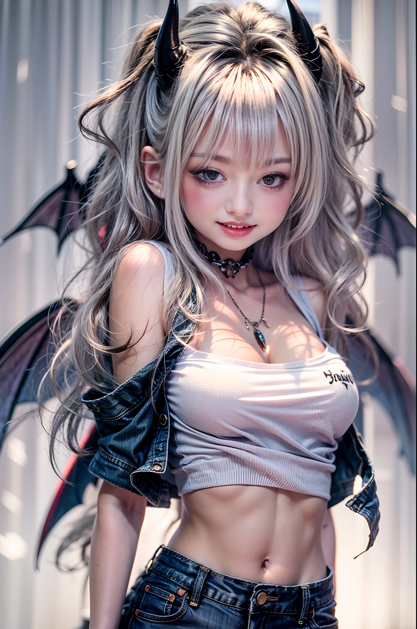 High resolution、High level image quality、8K、real live action、Raw photo、highest quality、masterpiece、16 year old succubus girl、ballerina、unparalleled beauty、devil's black horns on head、young face、(((beautiful girl)))、Dancing on stage、long pointed ears、wear bat wings、grow a devil's tail、Grow fangs