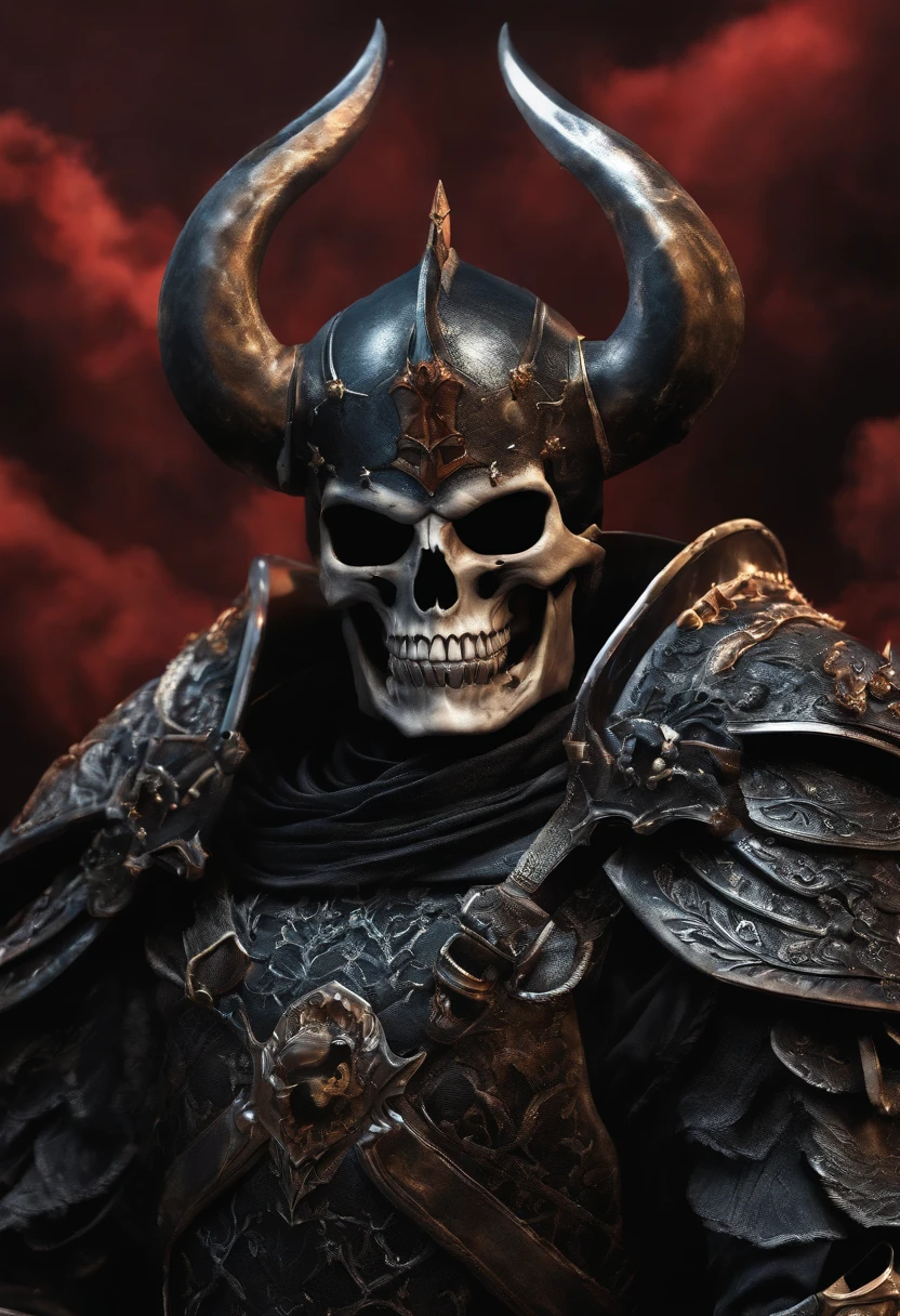 skull with horns and a helmet on a dark background, hyperdetailed fantasy character, 4k concept art and hyper realism