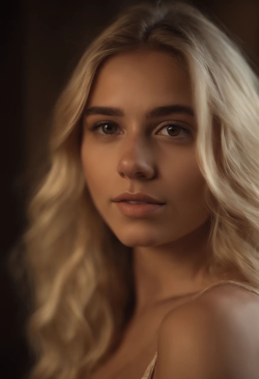 Portrait of 18-year-old blonde girl, perlo largo, brown eyes, enojada, agresiva, pandillera, complete naked, showing boobs, ultra realistic, naked , showing pussy