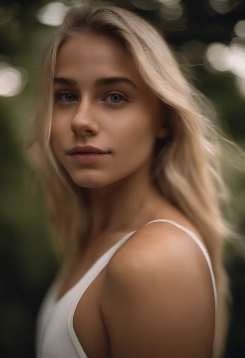 Portrait of 18-year-old blonde girl, perlo largo, brown eyes, enojada, agresiva, pandillera, complete naked, showing boobs, ultra realistic, naked , showing pussy