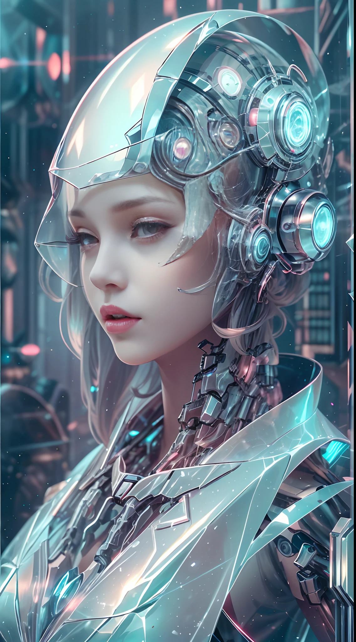 Translucent ethereal mechanical girl，Futuristic girl，Mechanical joints，futuristic urban background