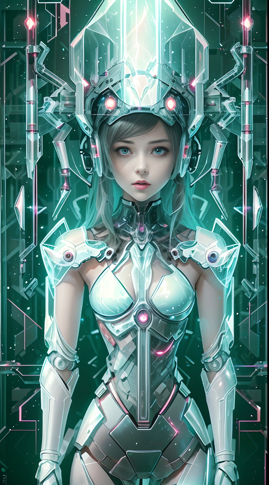 Translucent ethereal mechanical girl,Futuristic girl,Mechanical joints,futuristic urban background