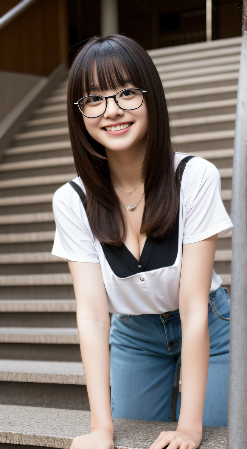 8k RAW photo, highest quality, masterpiece, ultra high resolution, 3D, realistic, 1 girl, Japanese 15 years old, black_hair, 前hair, black_crew_collar, length_hair, nose, natural skin texture, light brown_eye, detailed eyes and face, lips, lipstick, smile, teeth, beautiful feet, huge breasts, Wear glasses, A park with a beautiful fountain, (detailed background), Separate Sportswear,huge breasts, blurred background, short sleeve