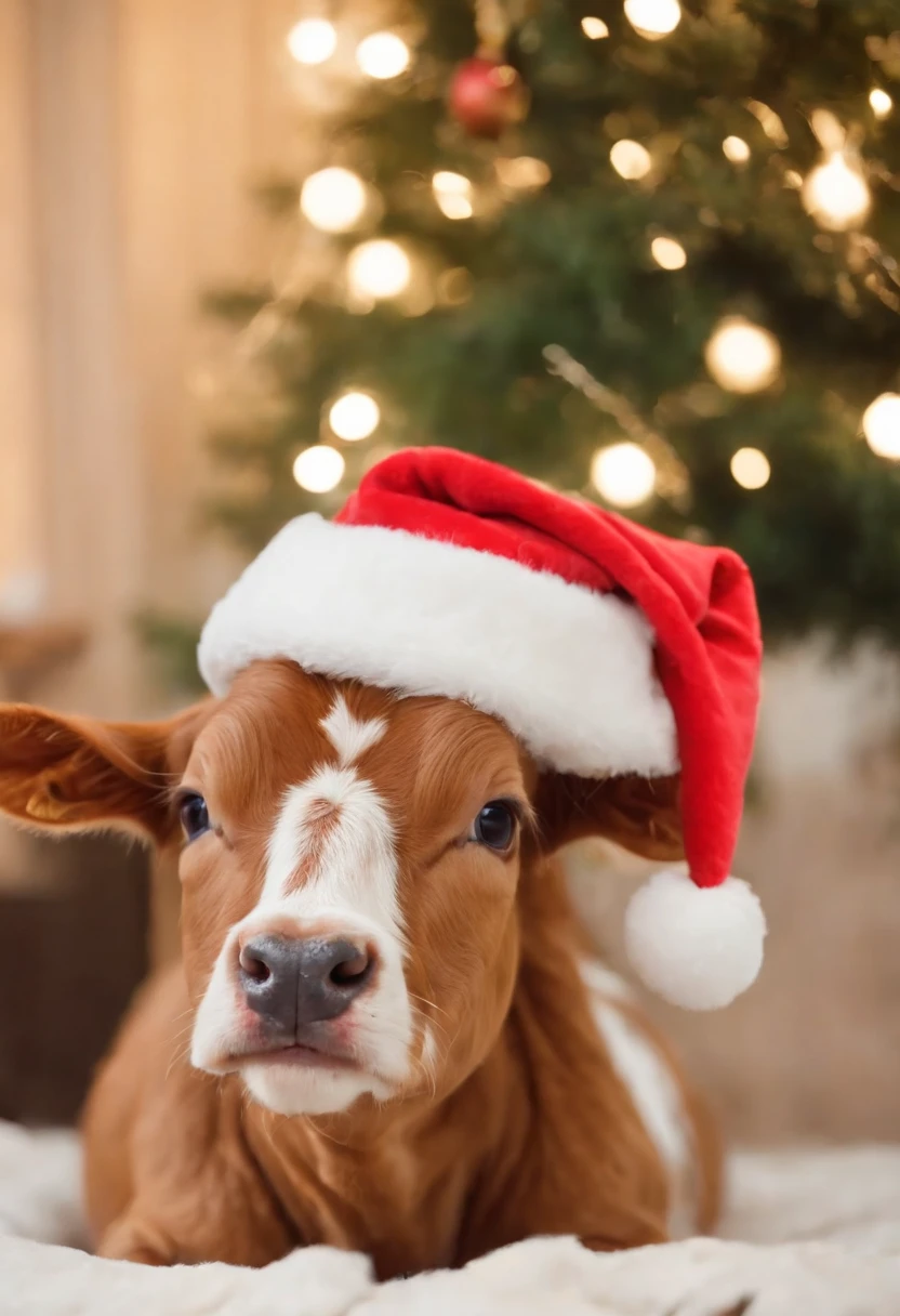 cows, dressed in santa claus hats and red bow for tie,lighted christmas tree in background, Fresh and lovely,a warm color palette,Warm scene,smiling girl,Friendly,Natural light,soft shade