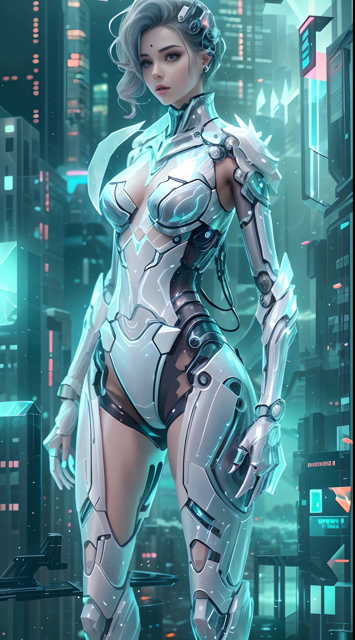 Translucent ethereal mechanical girl,Futuristic girl,Mechanical joints,futuristic urban background