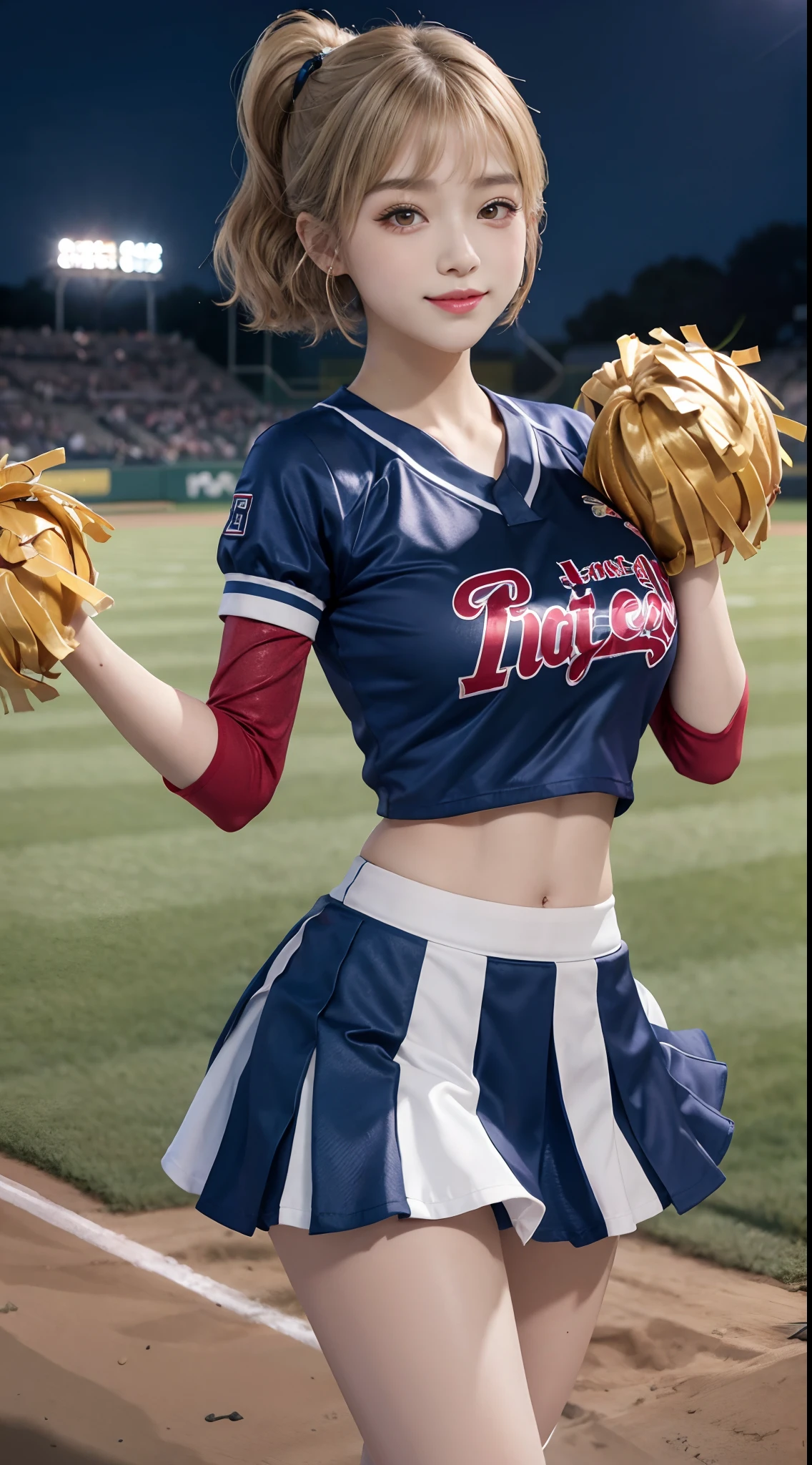 17 year old cool Korean, Large, round breasts, split, cheerleader, baseball team cheerleader, skirt, beautiful eye details, eyelash, beautiful double eyelids, eye shadow, narrow eyes, Perfect eye makeup, seduct smile, beautiful thin legs, bright blonde, Bob Carter, ponytail, Various hairstyles, earrings, stand at the baseball stadium at night, night,Show breasts,exposing her chest,Show breasts,Show breasts,exposing her chest,huge