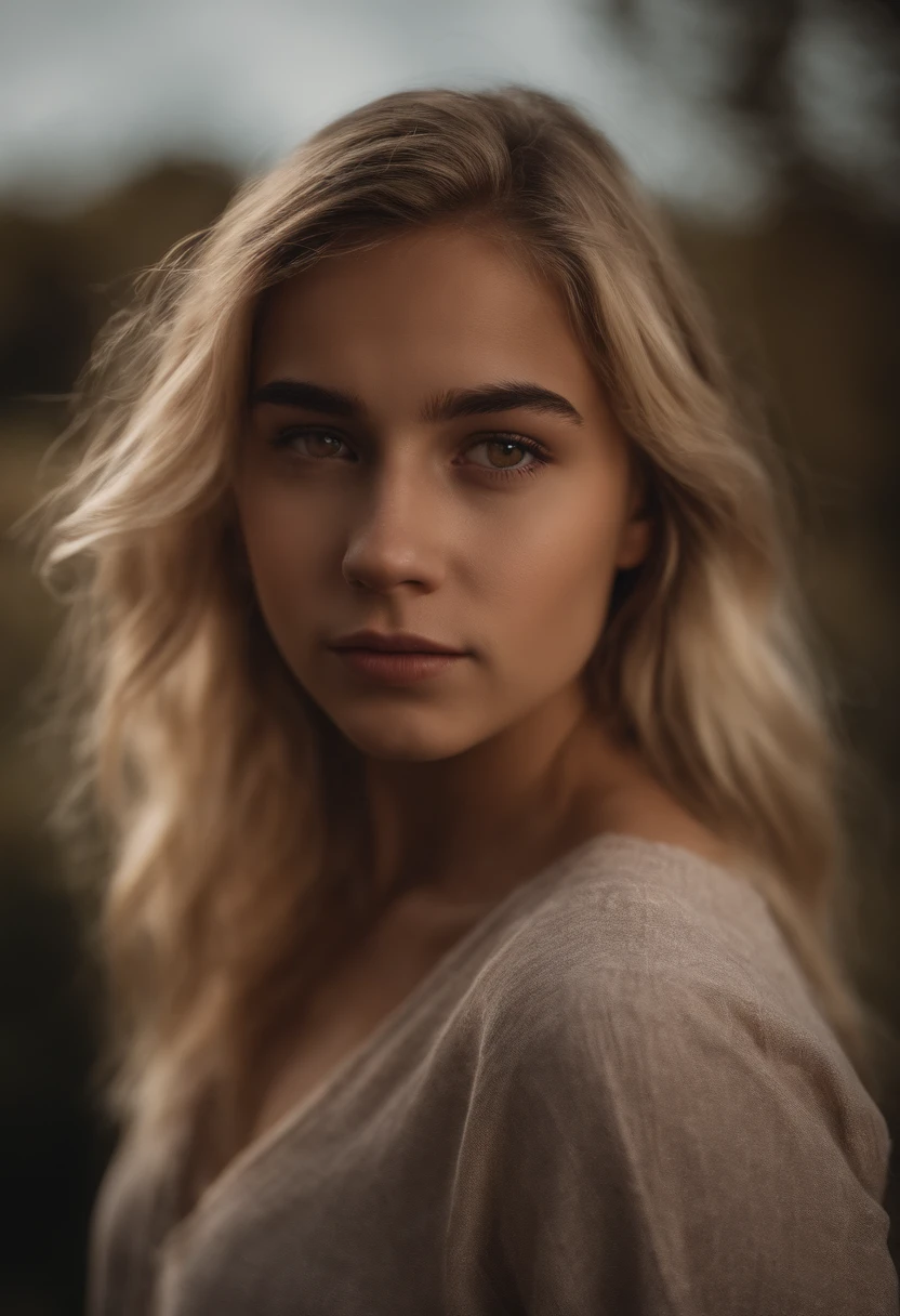 Portrait of 18-year-old blonde girl, perlo largo, brown eyes, enojada, agresiva, pandillera,