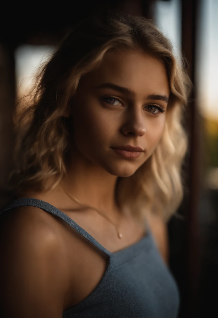 Portrait of 18-year-old blonde girl, perlo largo, brown eyes, enojada, agresiva, pandillera