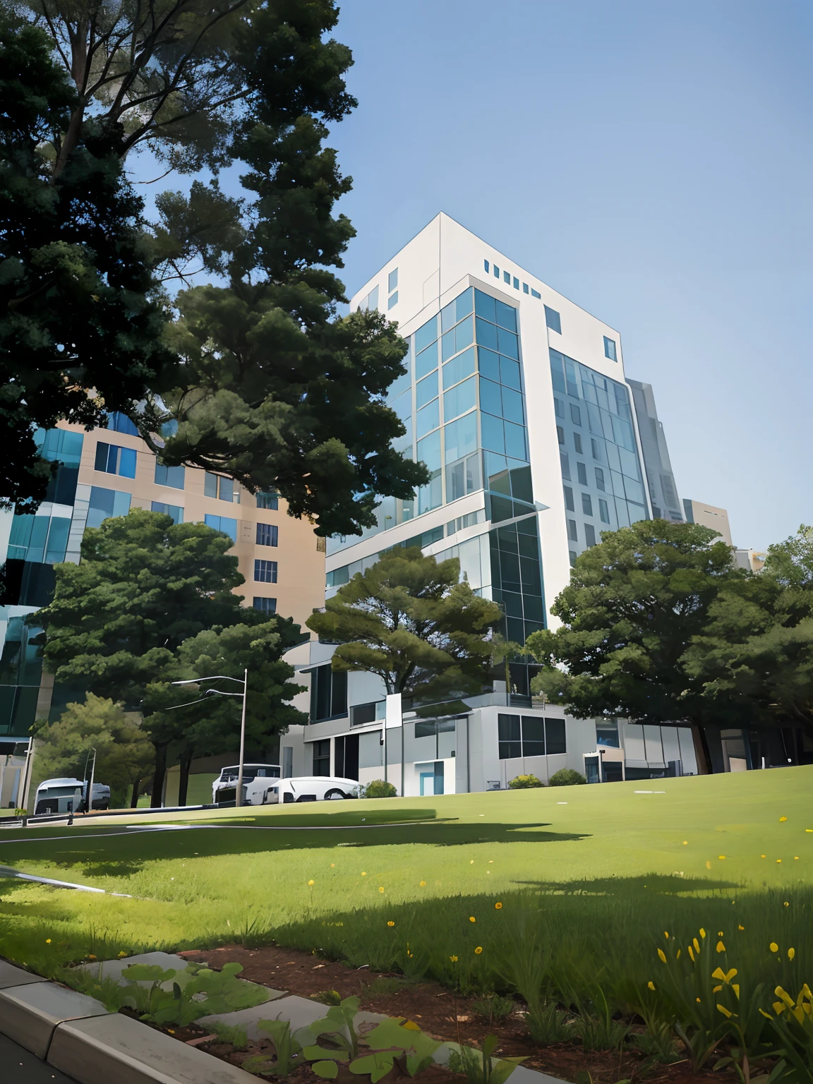 trees in front of a building with a sign on it, building facing, view from ground level, ground view, photo taken from the ground, taken with sony alpha 9, research complex, modern technology building, view from ground, shot from a low angle, picture taken from the ground, ground - level view, viewed from the ground, ground-level view