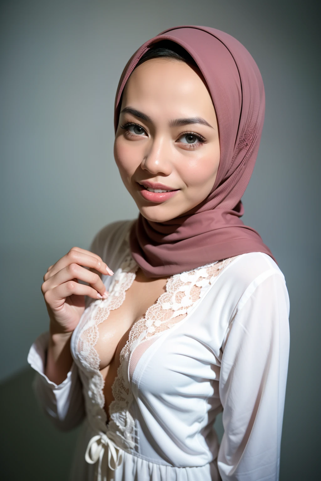 matured malay woman in hijab wearing sexy satin lace white color pajamas portrait photography, mid shot photo, ultra detail, professional photograph with professional lighting, smile, light blue studio background, sexy seducing pose, slim and slanders, small breast