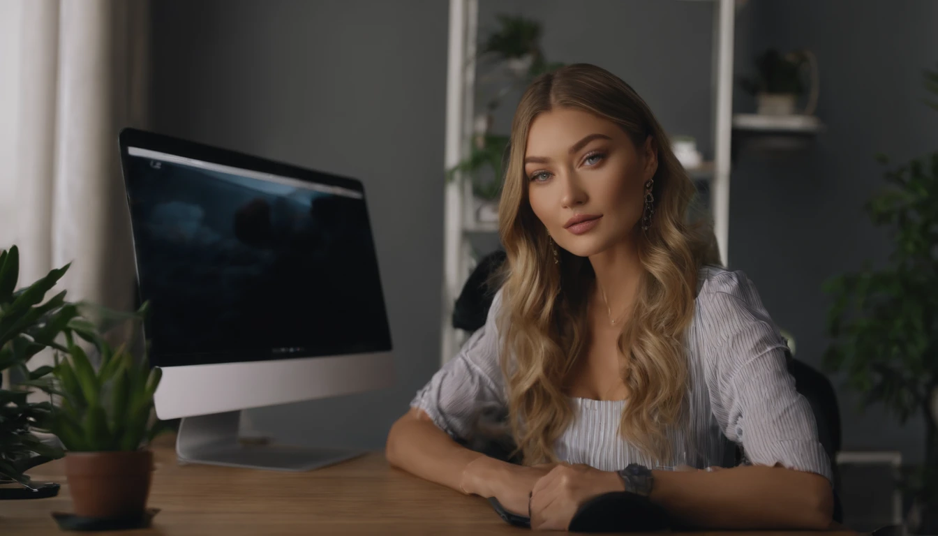 there is a woman sitting at a desk with a computer and a keyboard, cute girl as a youtuber, looking at viewer , modern portrait shot 8 k, luts, portrait of Gigi Hadid, Gigi Hadid cute