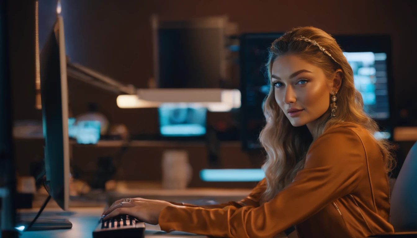 there is a woman sitting at a desk with a computer and a keyboard, cute girl as a youtuber, looking at viewer , modern portrait shot 8 k, luts, portrait of Gigi Hadid, Gigi Hadid cute