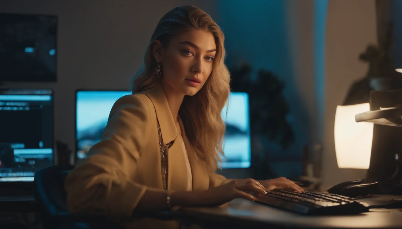 there is a woman sitting at a desk with a computer and a keyboard, cute girl as a youtuber, looking at viewer , modern portrait shot 8 k, luts, portrait of Gigi Hadid,  Gigi Hadid cute