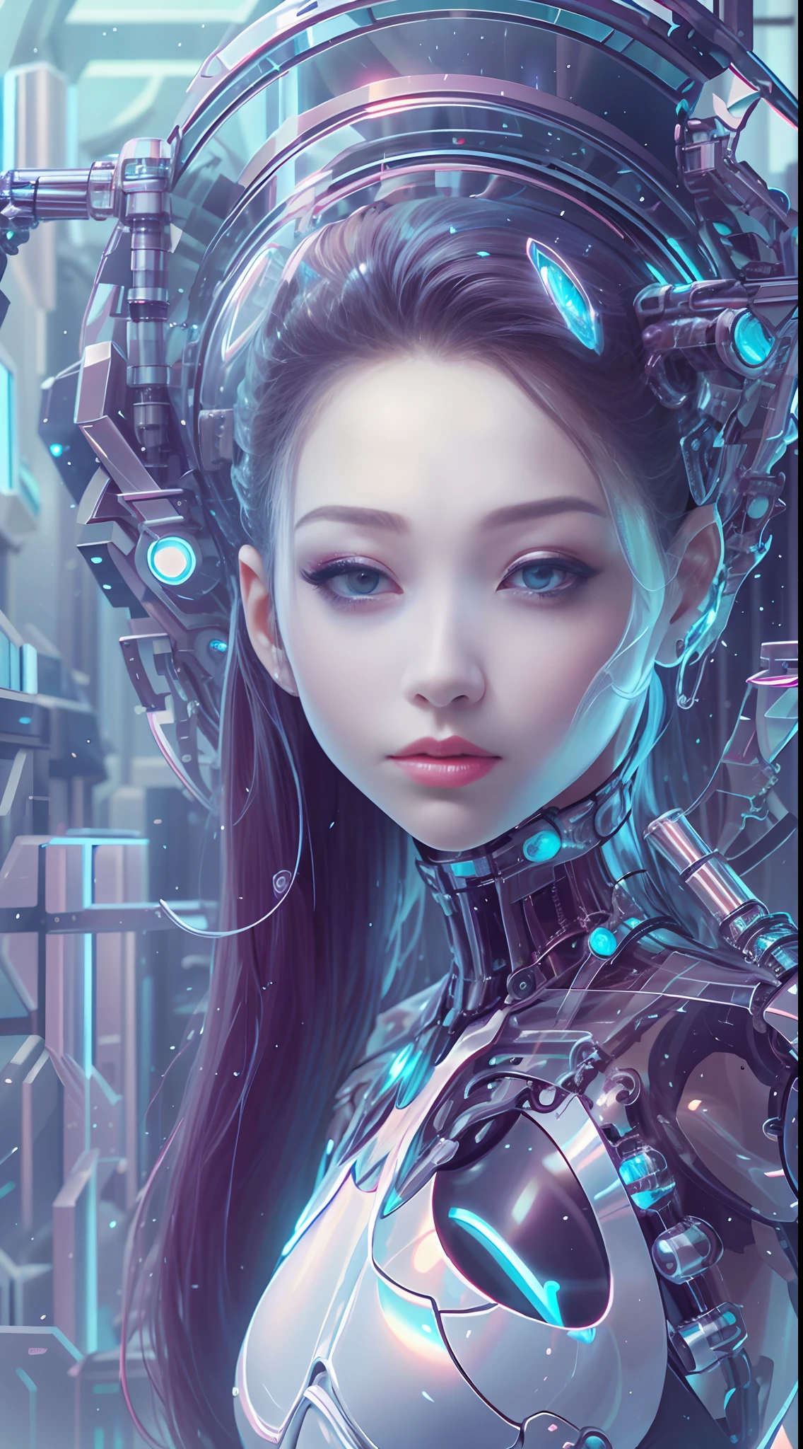 Translucent ethereal mechanical girl,Futuristic girl,Mechanical joints,futuristic urban background