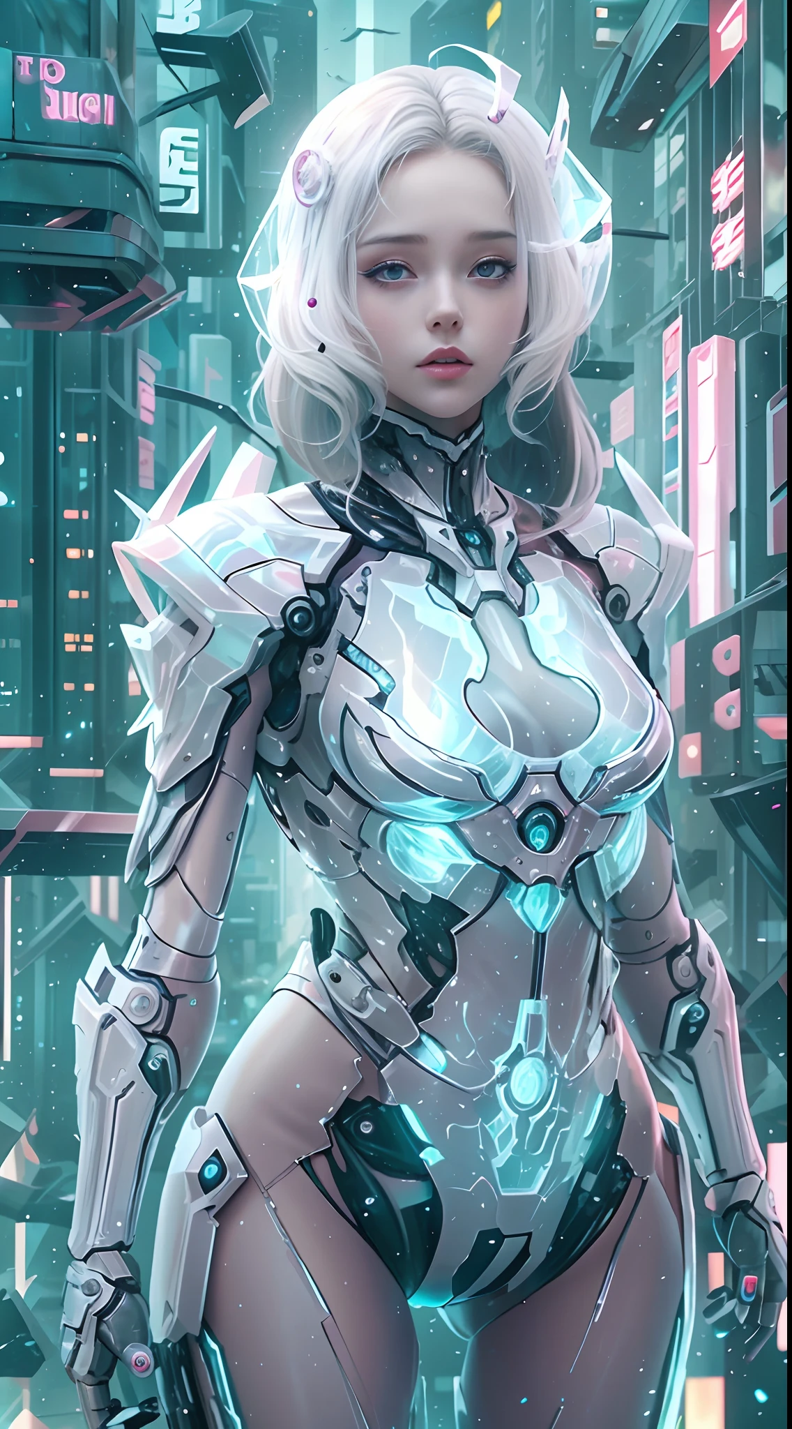 Translucent ethereal mechanical girl，futuristic girl，Mechanical joint，futuristic city background
