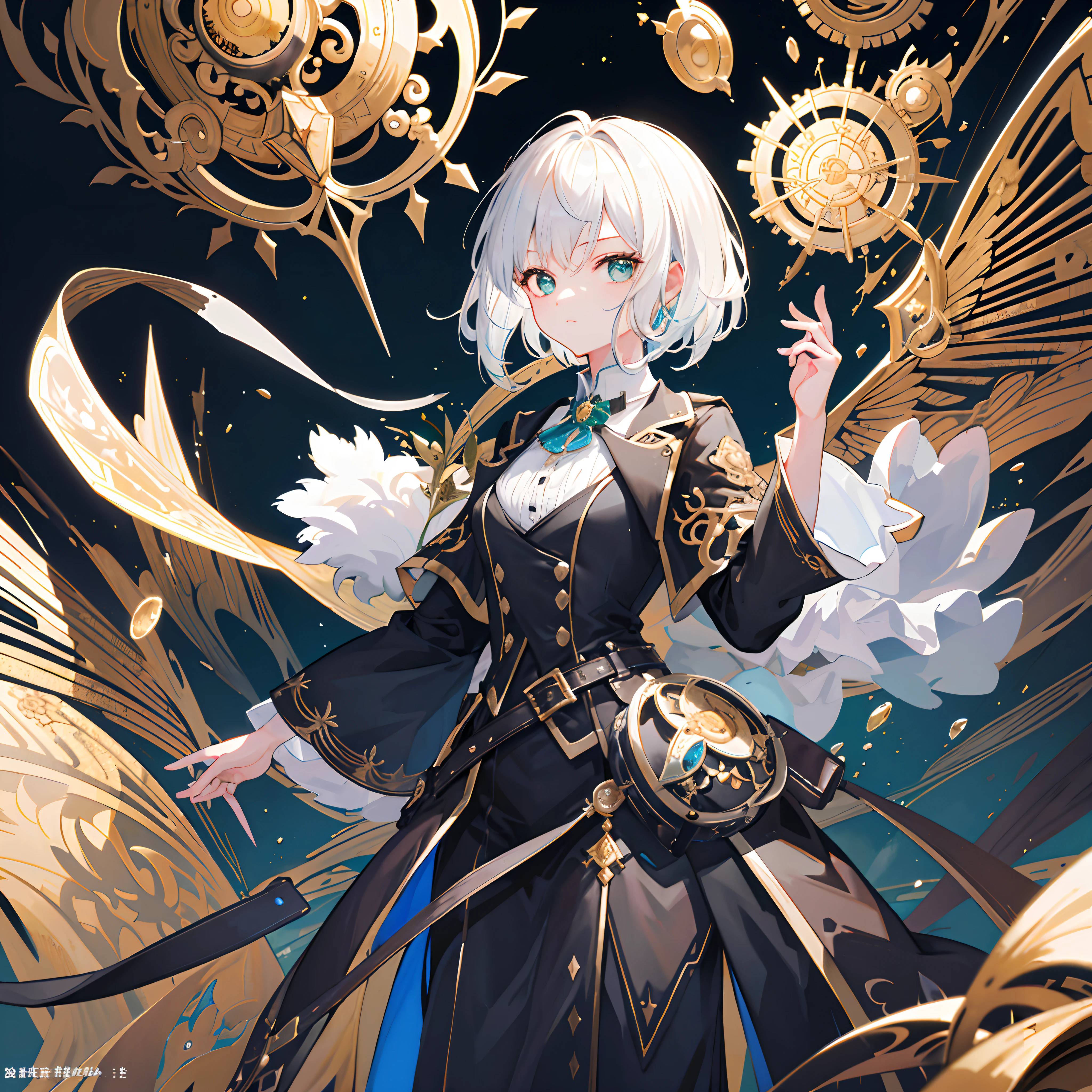 ((ultra - detailed)),((illustration)),((tmasterpiece)),(((Need))),((美丽细致的眼睛)),(the Extremely Detailed CG Unity 8K Wallpapers,best qualtiy,tmasterpiece),((4K,tmasterpiece,best qualtiy)),The girl with short white hair held a pitch-black scepter in her backhand,He held a handful of golden straw in his left hand,There is green liquid on the clothes,Alchemist,monocle,steam style,Black and gold high heels,A can of alchemy floated beside him,On his right hand hangs a black apple,Beakers around,Whole body diagram,Holding a beaker with liquid in his hand,No bangs,Villains in a bottle