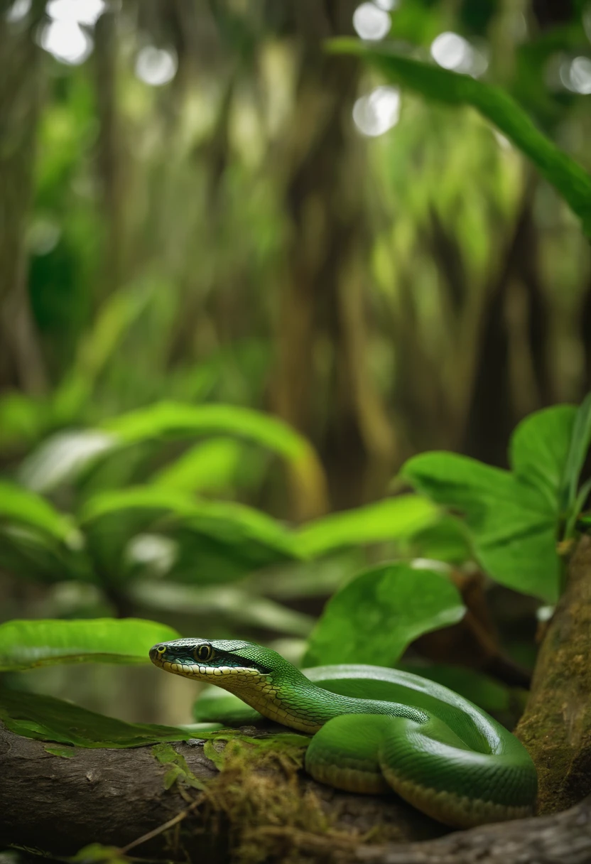 Mulher com a metade do corpo cobra, Hair of vines full of green leaf, olhos iguais de gato, unhas afiadas , boca grande e com os seios nus, orelha pontuda, exotic and beautiful body, swamp scenery ,Mulher com a metade do corpo cobra, Hair of vines full of green leaf, olhos iguais de gato, unhas afiadas , boca grande e com os seios nus, orelha pontuda, exotic and beautiful body, swamp scenery