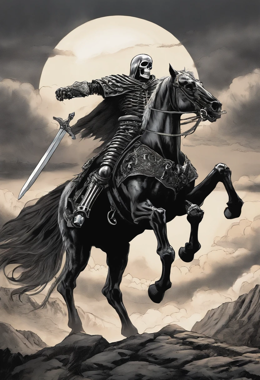 a close up of a skeleton riding a horse with a skull on it, in berserk manga, skeleton knight, from berserk, skeleton king, berserk skullknight black armor, undead skeleton king, berserk manga, undead knight, griffith from berserk, portrait of guts from berserk, berserk art style, guts from berserk, skeleton warrior