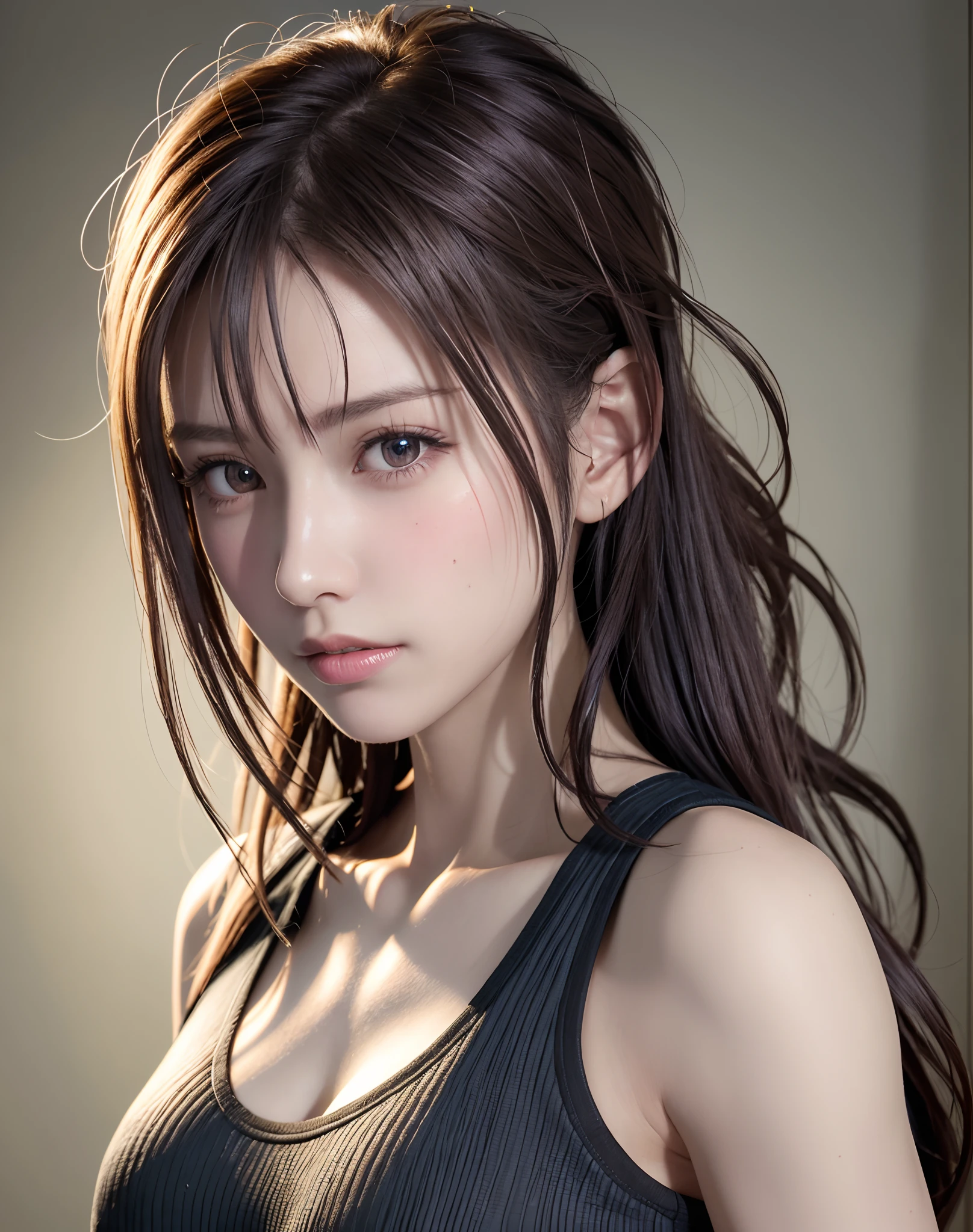 high quality picture, masutepiece, detailed hair texture, Detailed skin texture, Detailed Cloth Texture, 8K, Add fabric details, ultra detailed skin texture, ultra detailed photographic, Skin pores, Portrait of a girl, wearing tank top,