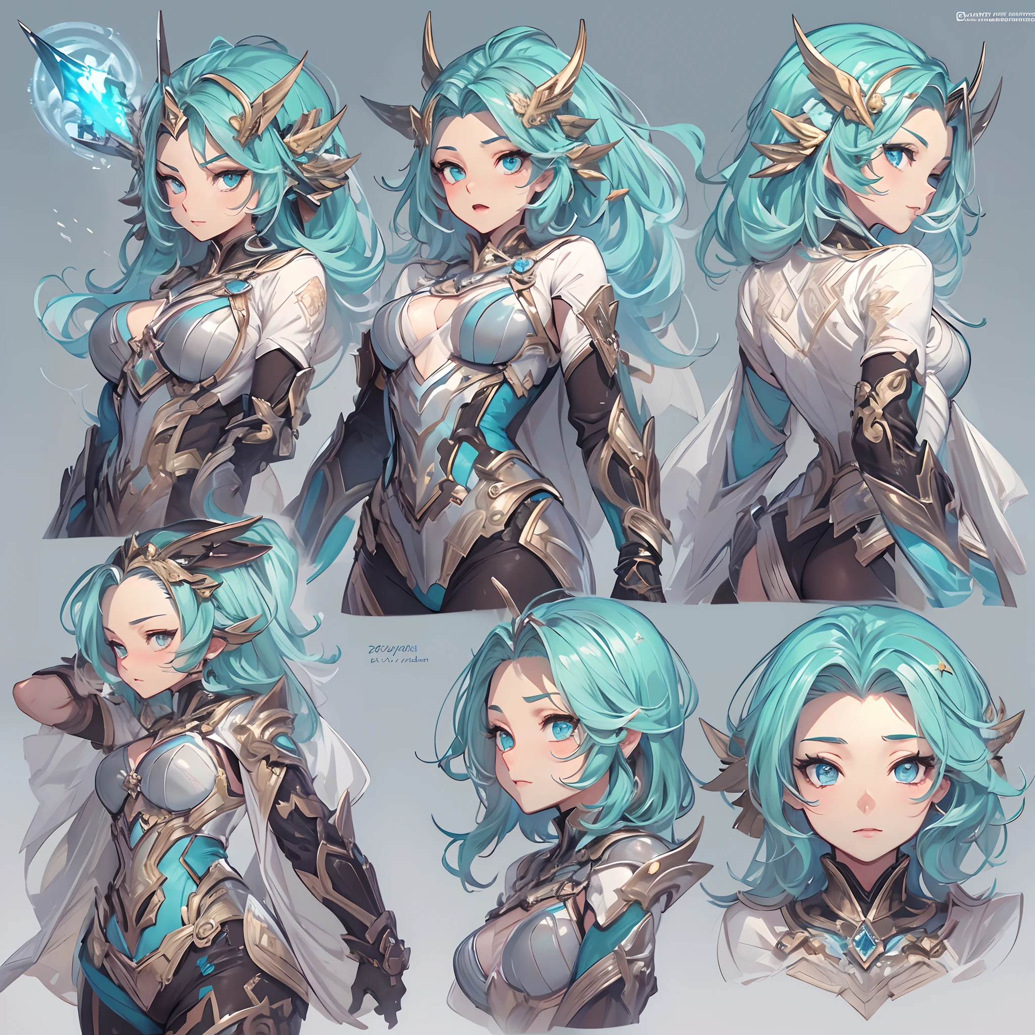 ((Masterpiece, Highest quality)), Detailed face, CharacterDesignSheet，full bodyesbian, perfectly proportions，Full of details, Multiple poses and expressions, Highly detailed, Paladin Girl，Seductive，Gradient hair color，Detailed eyes, ssee-through，Cyan blue，lacepantyhose，Clouds，High Balance, Overhead halo，Natural light，Star decoration