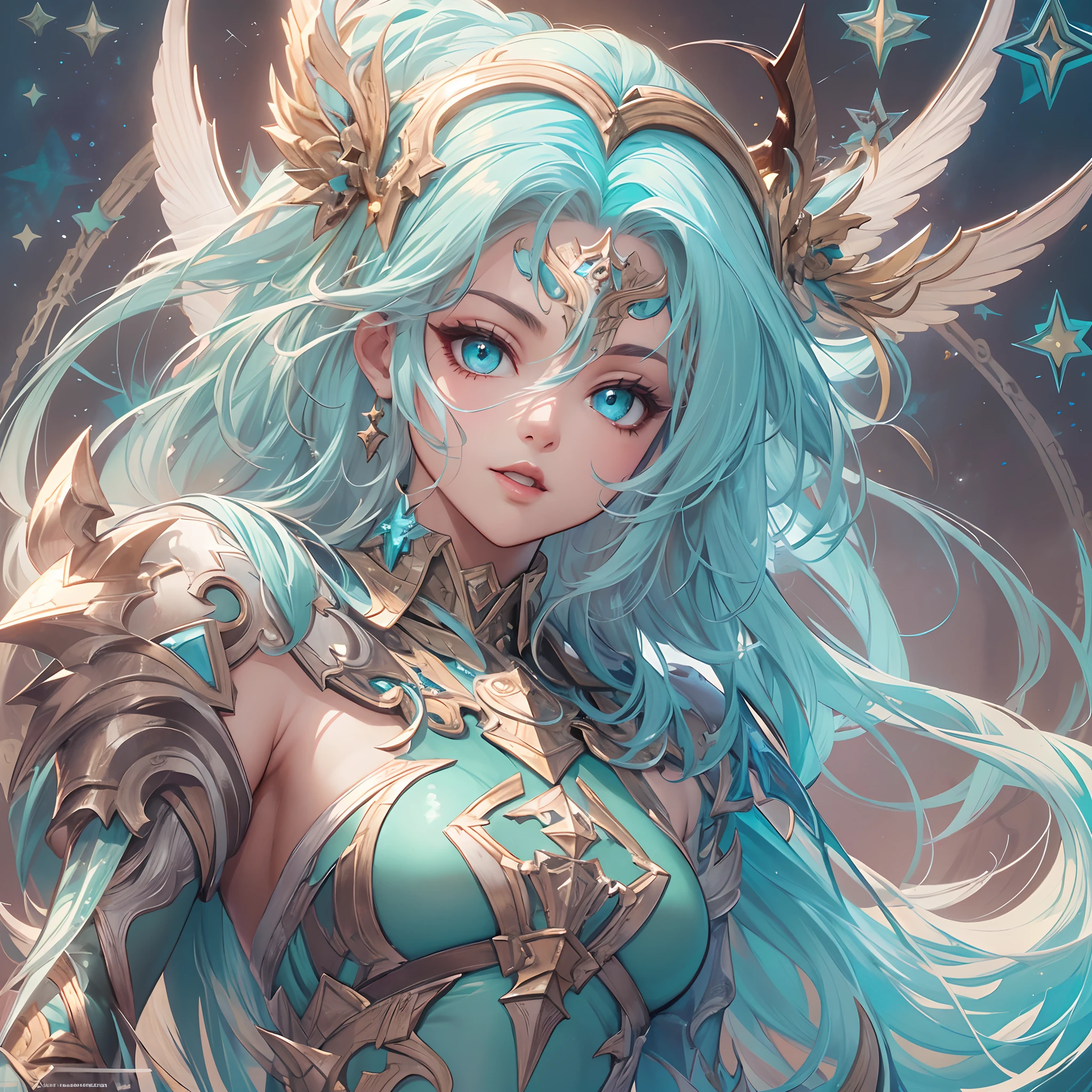 ((Masterpiece, Highest quality)), Detailed face, CharacterDesignSheet，full bodyesbian, perfectly proportions，Full of details, Multiple poses and expressions, Highly detailed, Paladin Girl，Seductive，Gradient hair color，Detailed eyes, ssee-through，Cyan blue，lacepantyhose，Clouds，High Balance, Overhead halo，Natural light，Star decoration