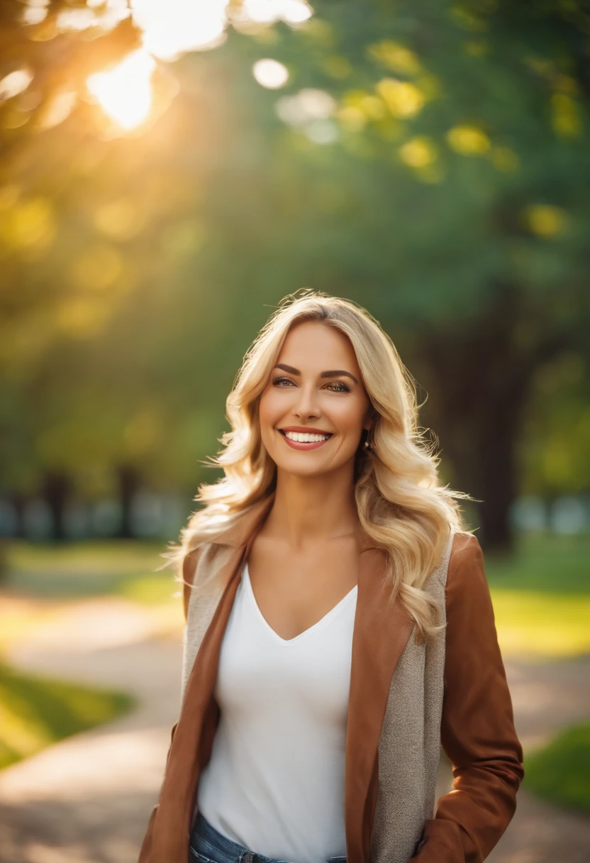 Woman in park, smiling, sunny day, looking confident