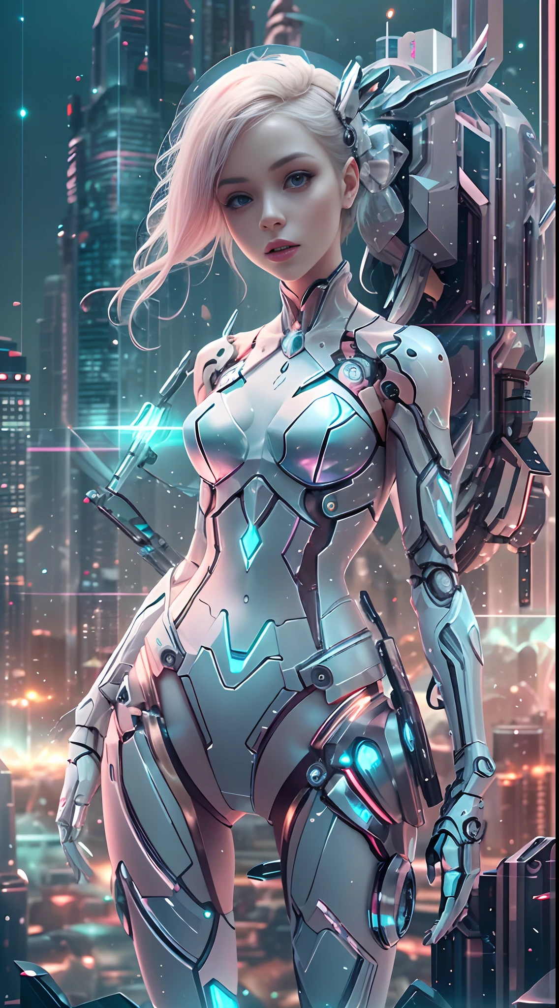 Translucent ethereal mechanical girl，futuristic girl，Mechanical joint，futuristic city background，Model shooting style, (Extremely detailed CG unified 8k wallpaper), The beauty of abstract style,，Surrealism, 8k, Super detailed, best quality, Award-winning, anatomically correct, 16k, Super detailed
