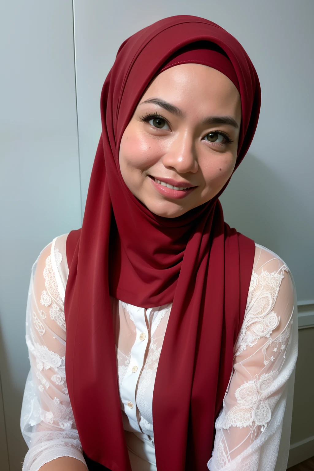 matured malay woman in hijab wearing sexy satin lace white color pajamas portrait photography, mid shot photo, ultra detail, professional photograph with professional lighting, smile, light blue studio background, sexy seducing pose, slim and slanders, small breast